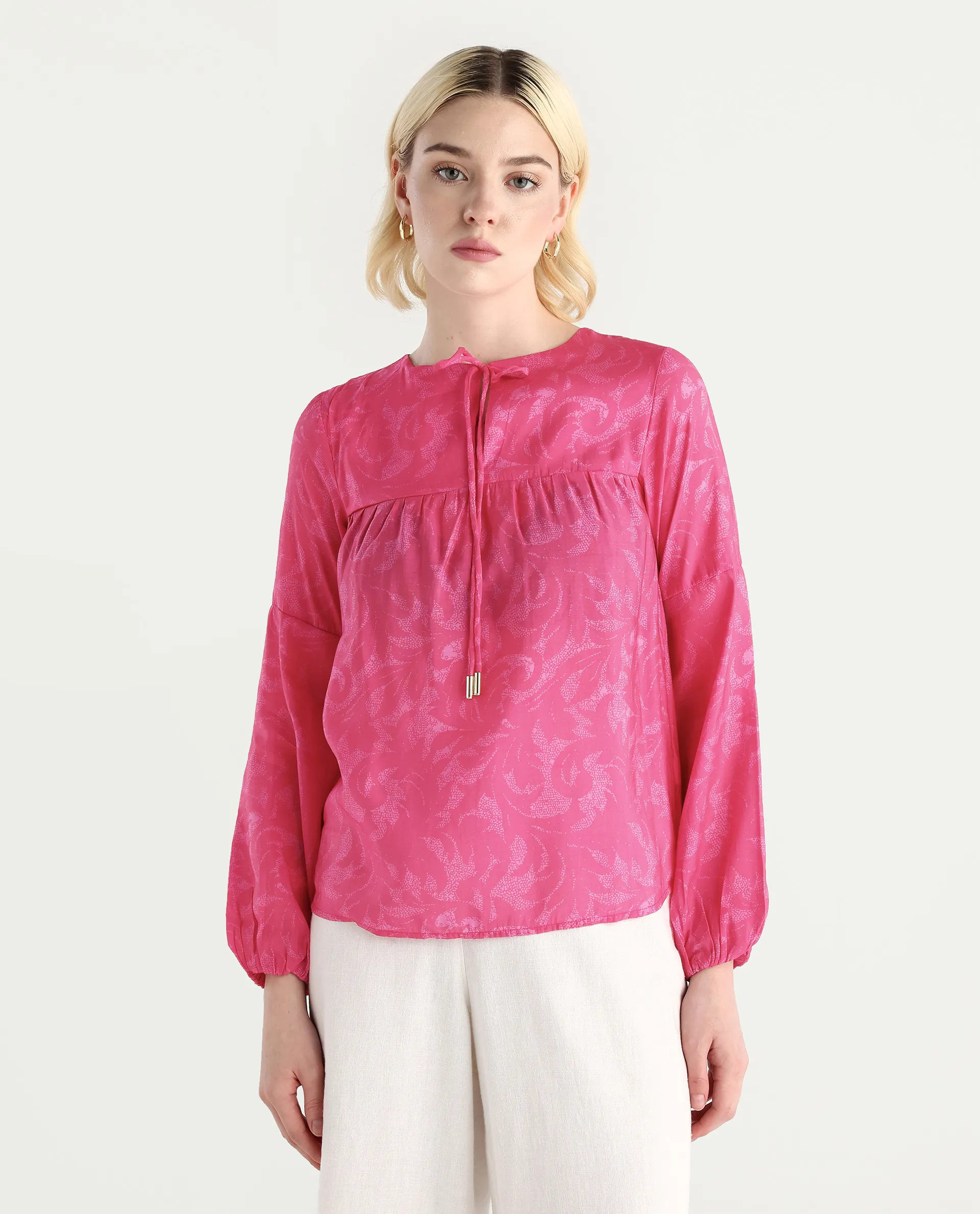 Rareism Women's Somlin Flouroscent Pink Viscose Blend Tie-Up Neck Abstract Print Lantern Sleeve Regular Fit Top - Image 3