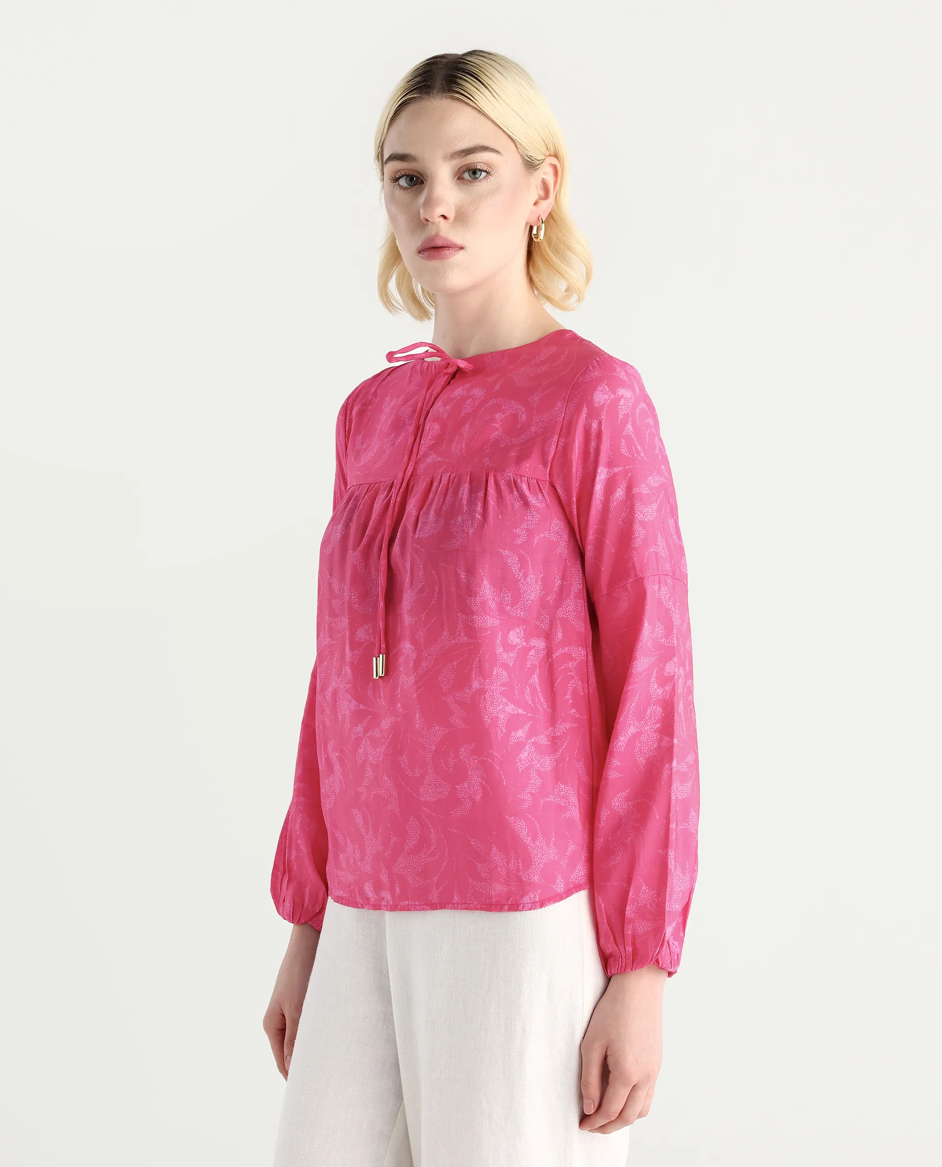 Rareism Women's Somlin Flouroscent Pink Viscose Blend Tie-Up Neck Abstract Print Lantern Sleeve Regular Fit Top - Image 5