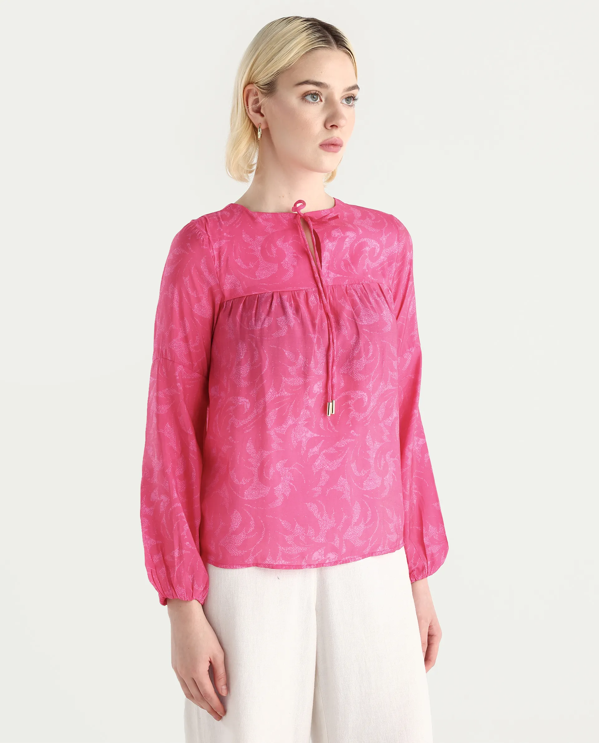Rareism Women's Somlin Flouroscent Pink Viscose Blend Tie-Up Neck Abstract Print Lantern Sleeve Regular Fit Top - Image 6