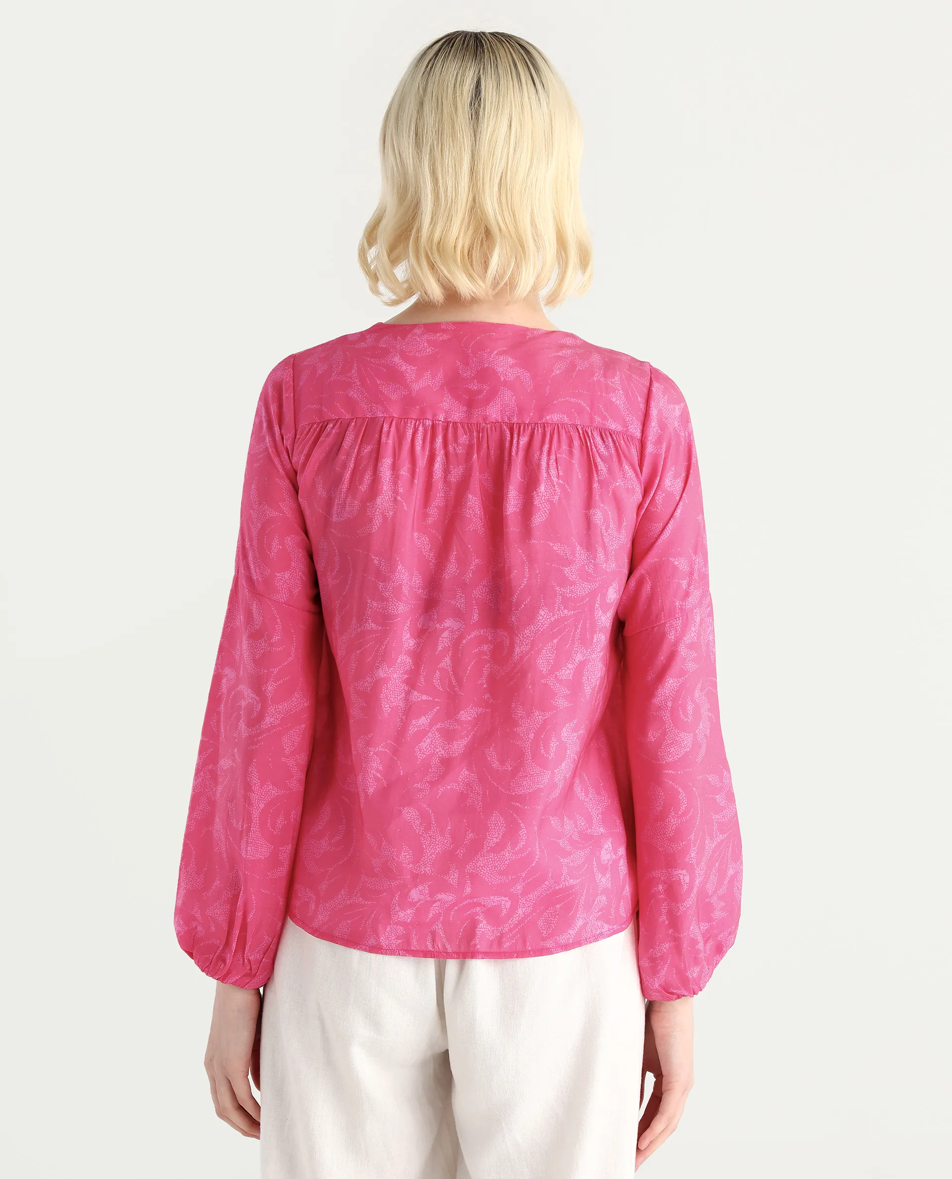 Rareism Women's Somlin Flouroscent Pink Viscose Blend Tie-Up Neck Abstract Print Lantern Sleeve Regular Fit Top - Image 7
