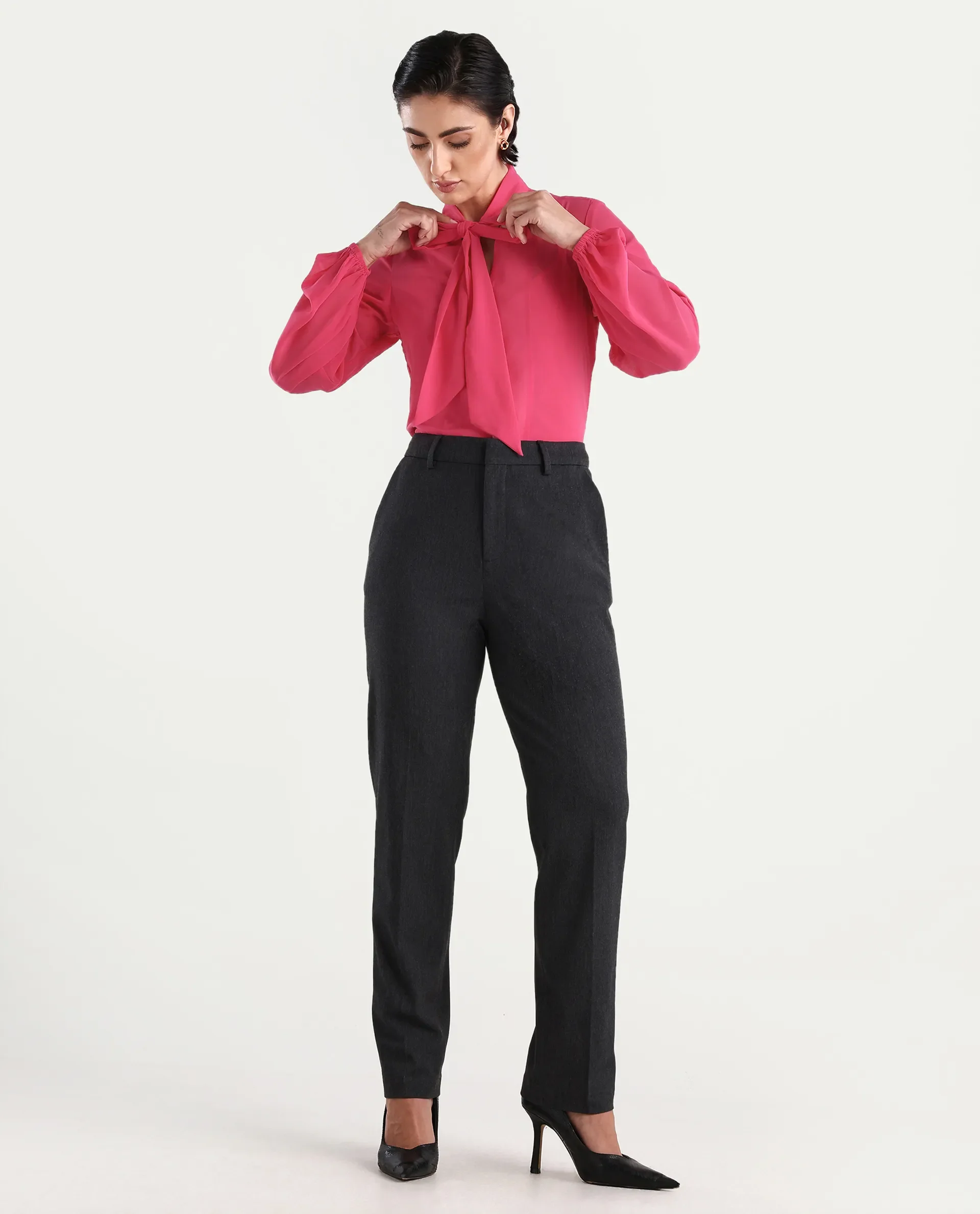 Rareism Women's Sommer Pink Polyester Tie-Up Neck Plain Cuffed Sleeve Regular Fit Top - Image 2