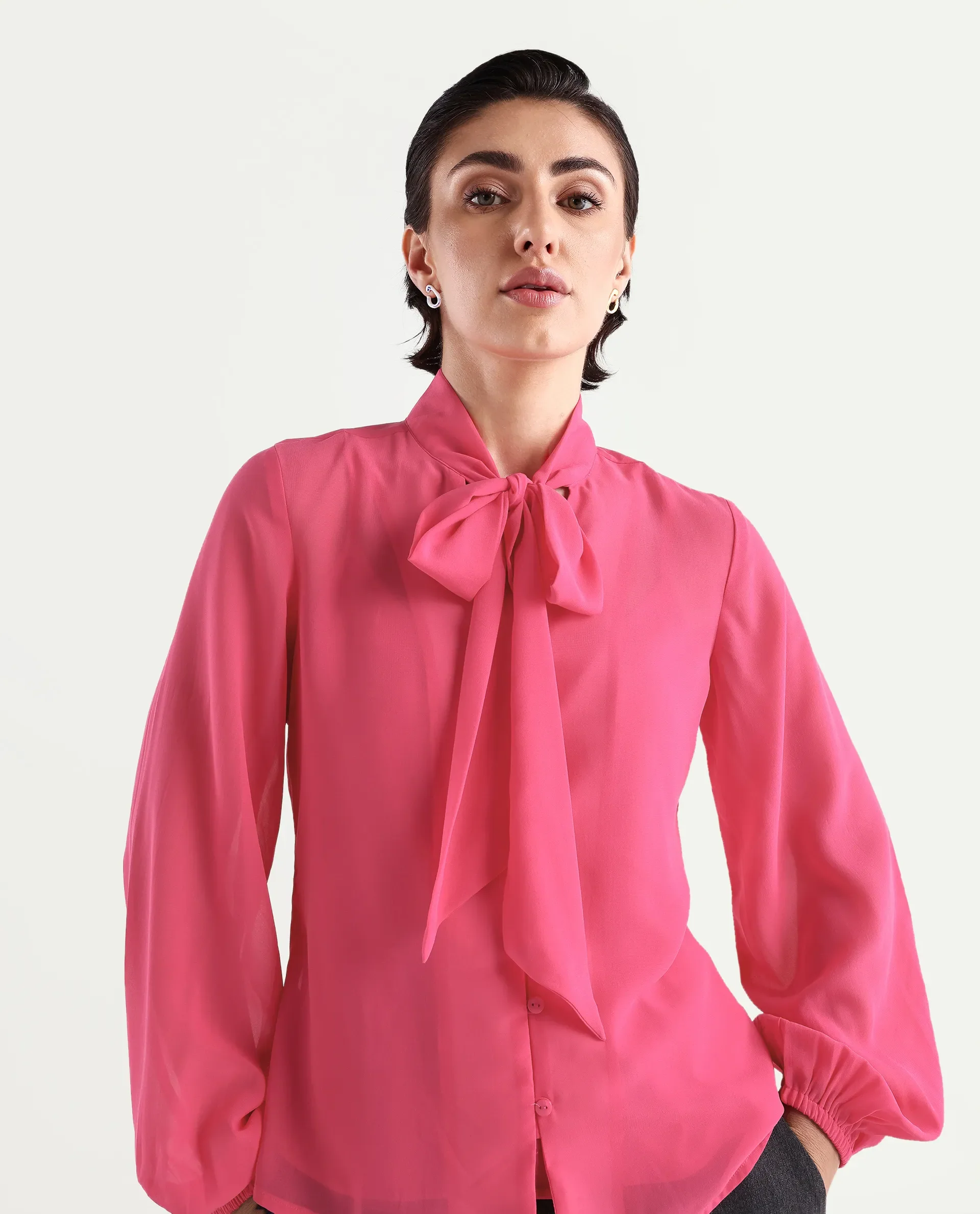 Rareism Women's Sommer Pink Polyester Tie-Up Neck Plain Cuffed Sleeve Regular Fit Top - Image 3