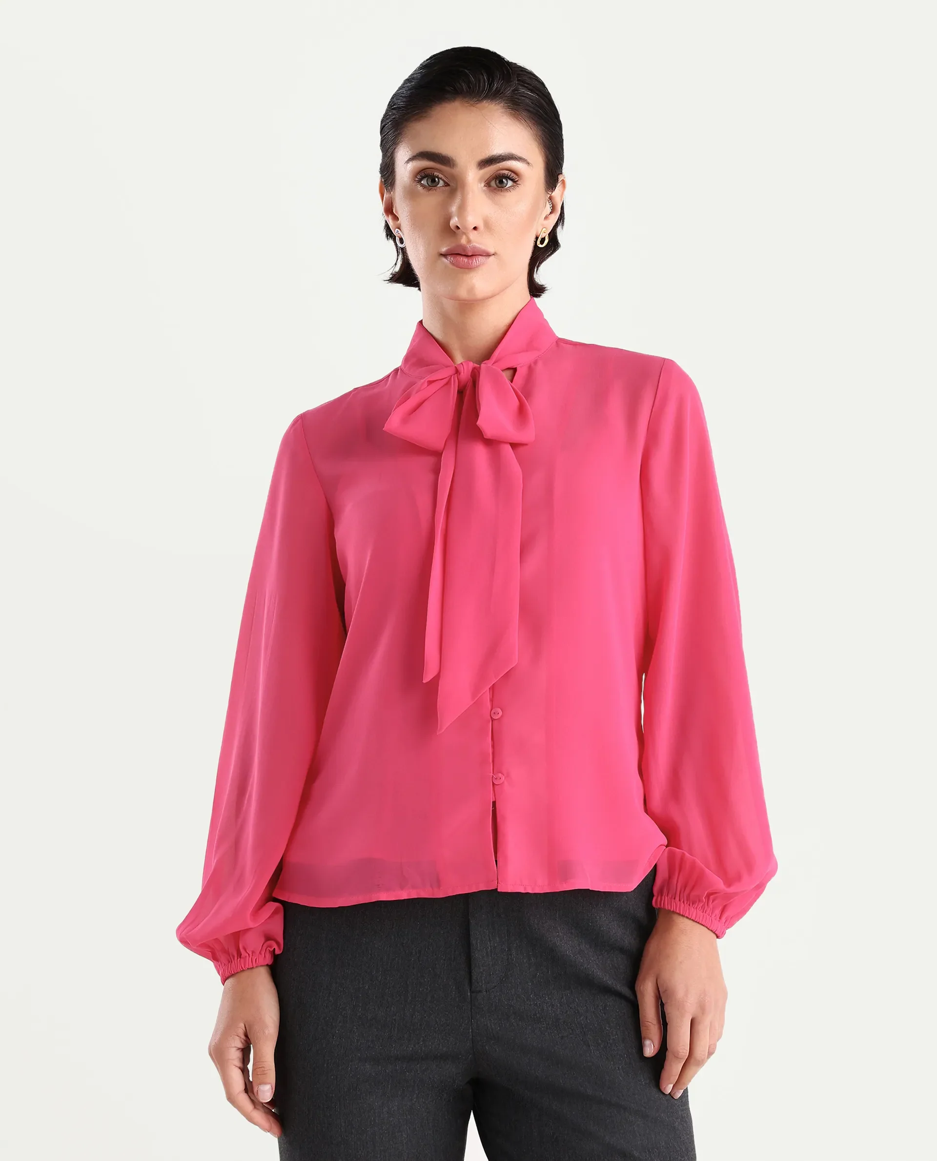 Rareism Women's Sommer Pink Polyester Tie-Up Neck Plain Cuffed Sleeve Regular Fit Top - Image 5