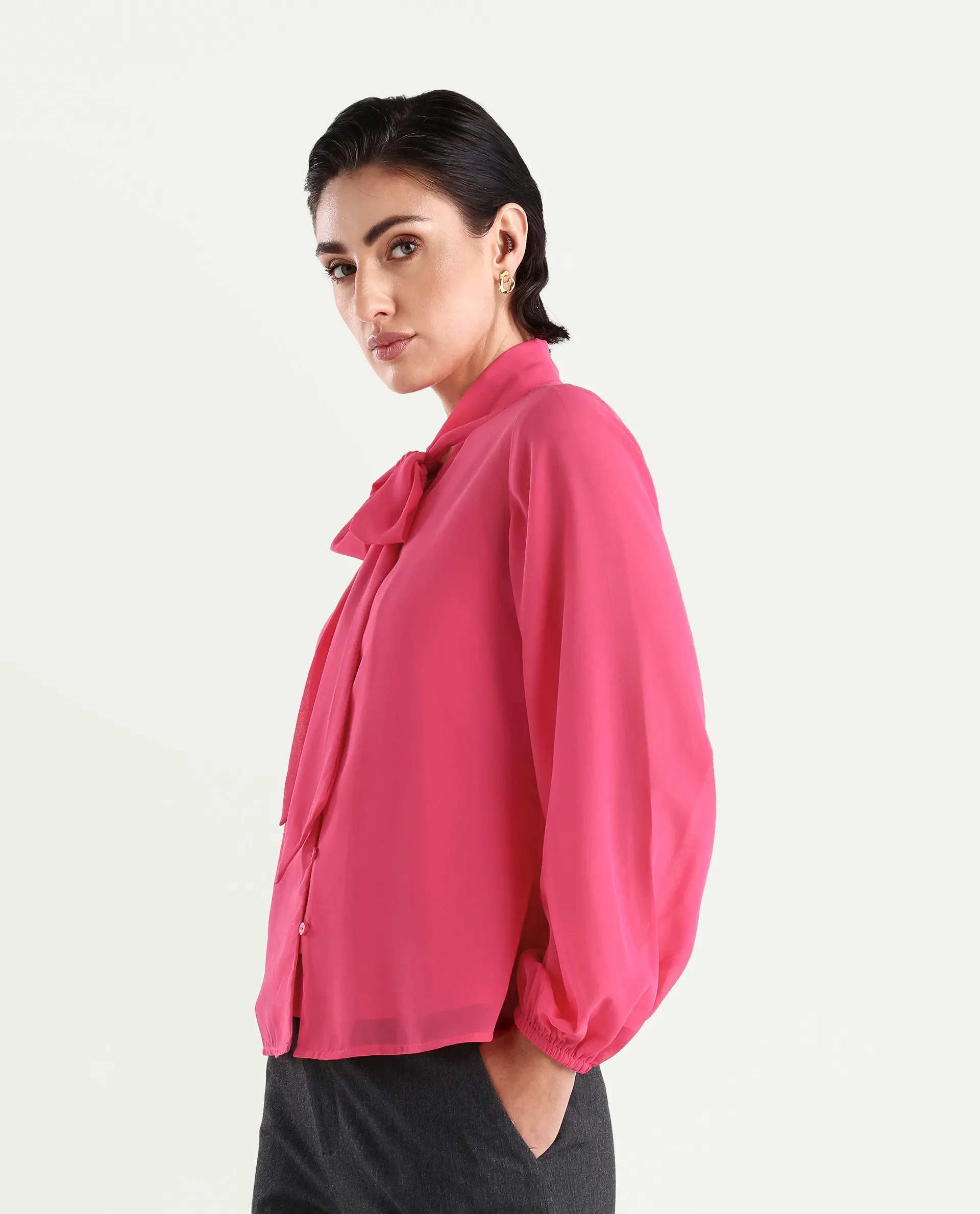 Rareism Women's Sommer Pink Polyester Tie-Up Neck Plain Cuffed Sleeve Regular Fit Top - Image 6