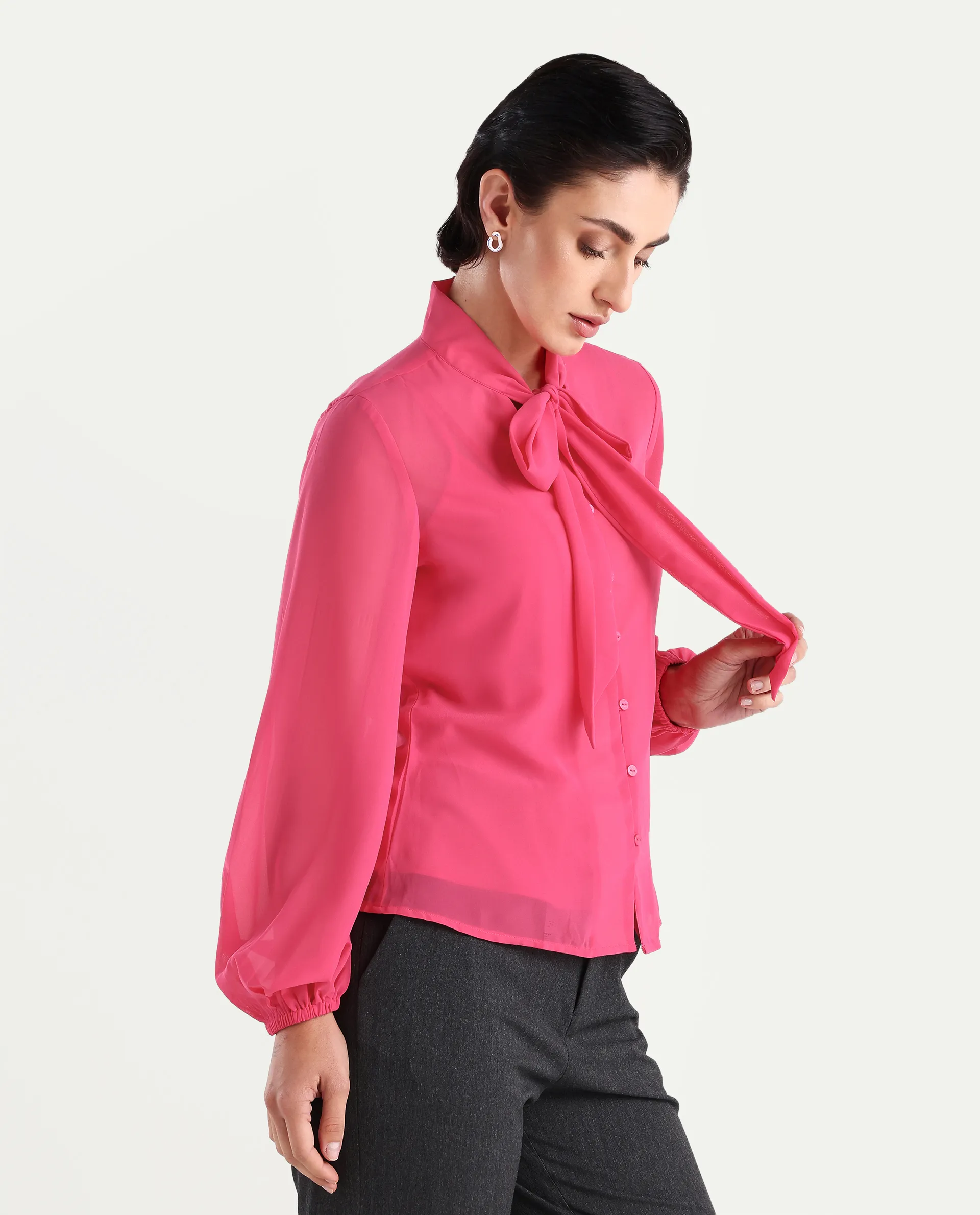 Rareism Women's Sommer Pink Polyester Tie-Up Neck Plain Cuffed Sleeve Regular Fit Top - Image 7