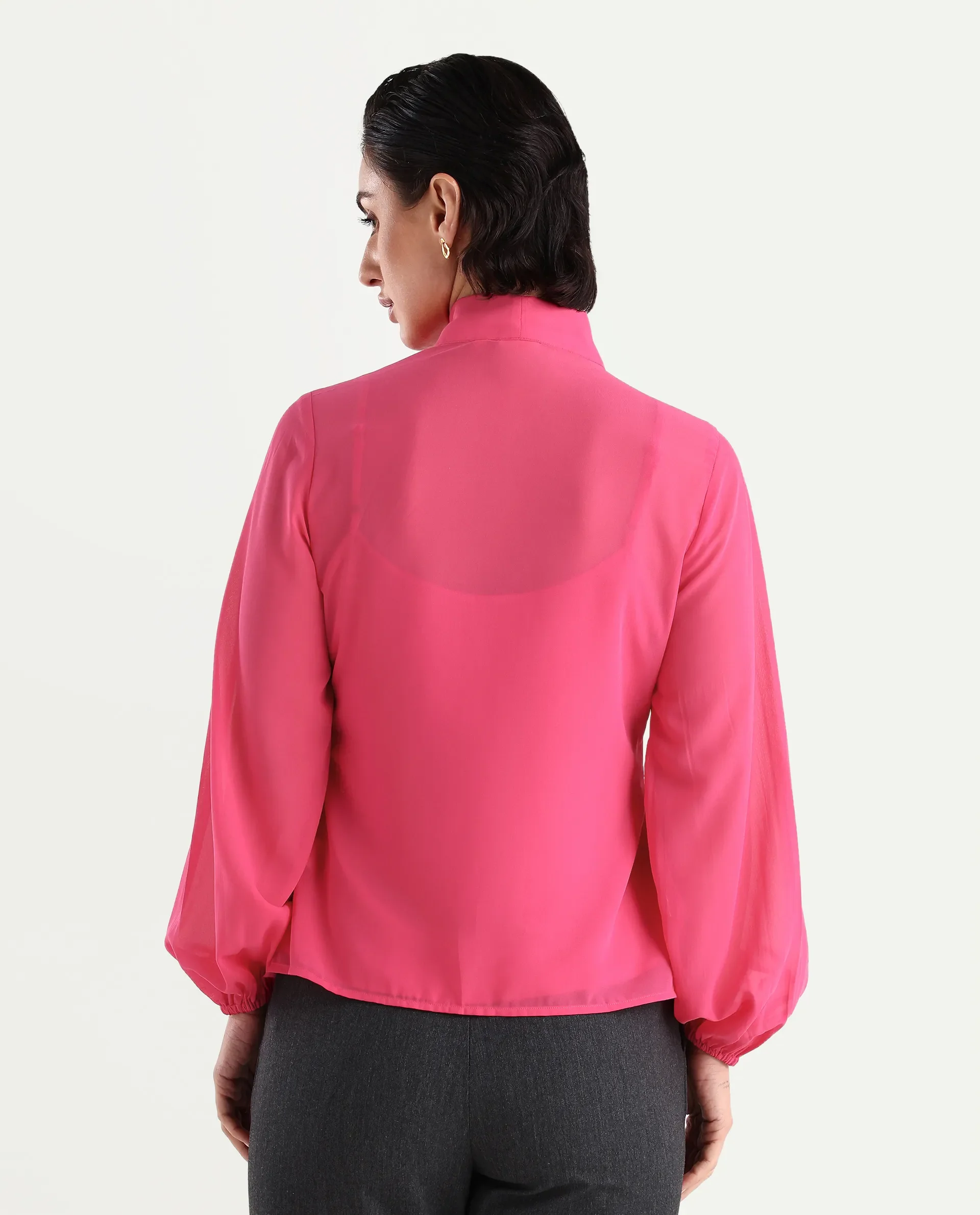 Rareism Women's Sommer Pink Polyester Tie-Up Neck Plain Cuffed Sleeve Regular Fit Top - Image 8