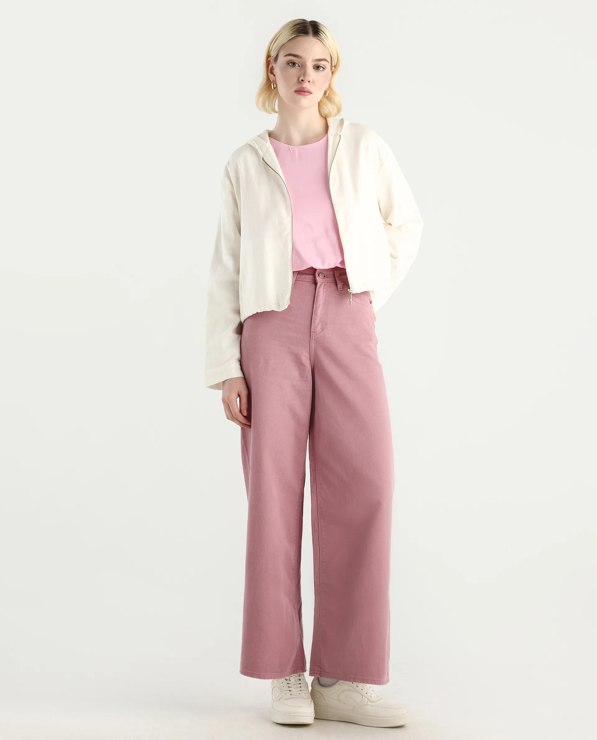 Rareism Women's Somnim Dusky Pink Cotton Plain Ankle Length Wide Trouser