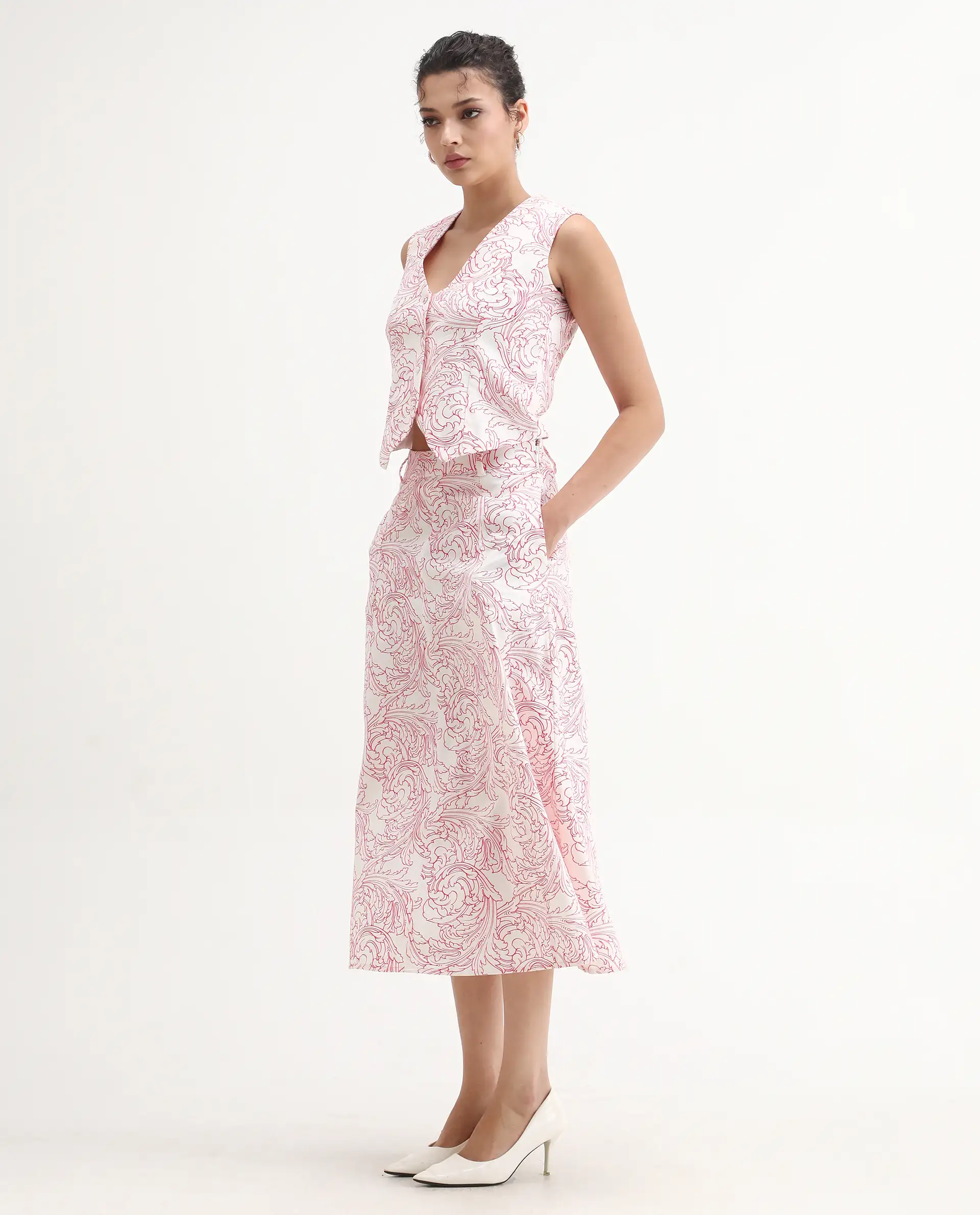 Rareism Women's Somnos B White Cotton Ornamental Print Maxi A-Line Skirt - Image 3
