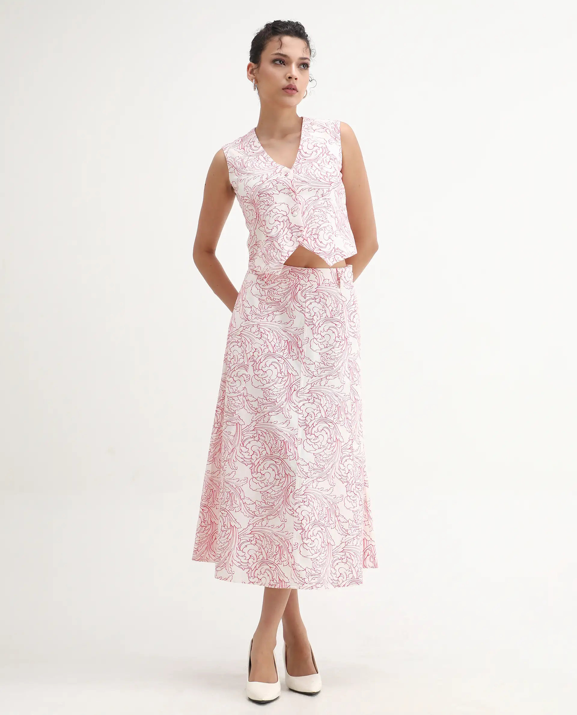 Rareism Women's Somnos B White Cotton Ornamental Print Maxi A-Line Skirt - Image 5