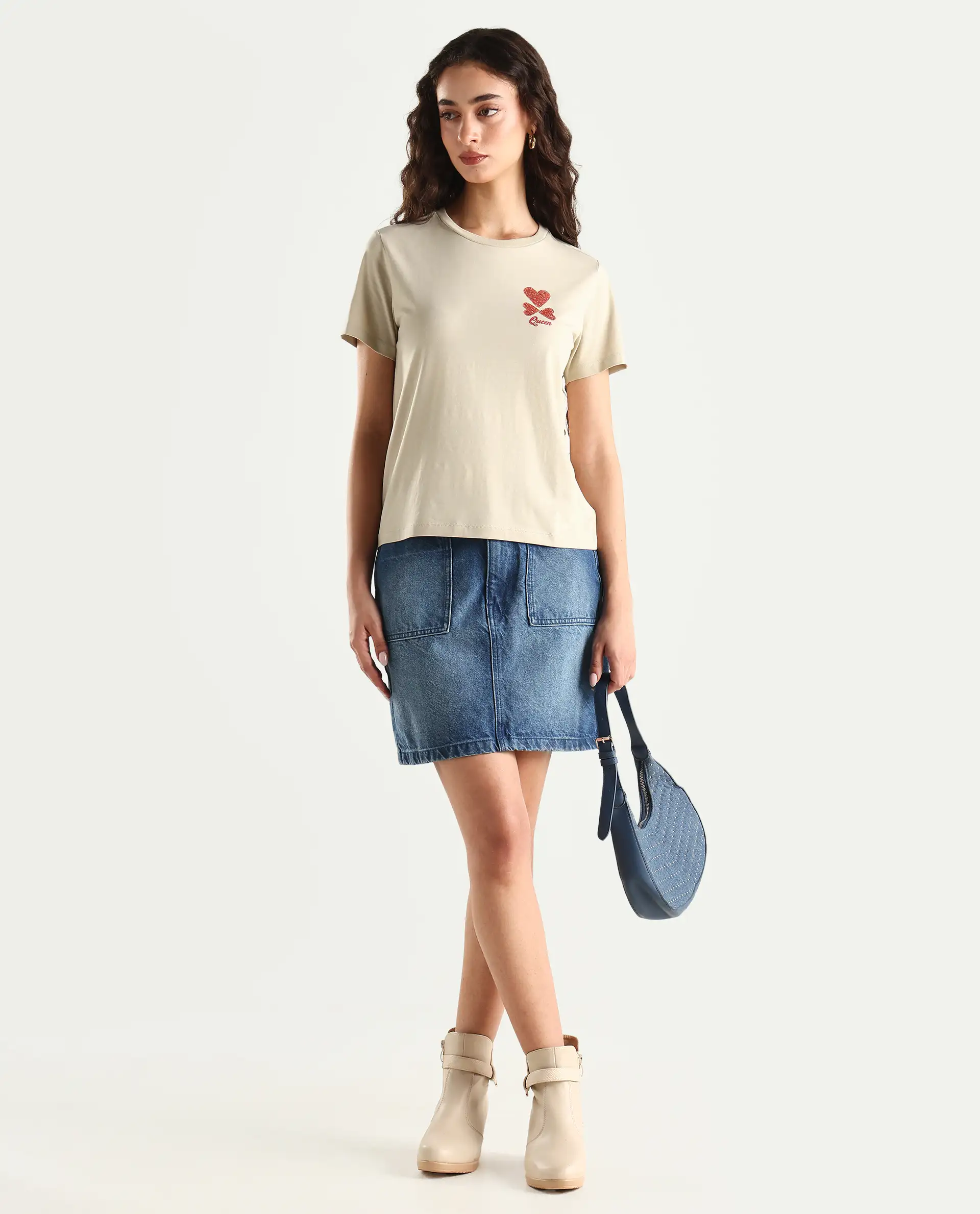 Rareism Women's Sompek Beige Cotton Blend Crew Neck Graphic Print Regular Fit T-Shirt - Image 2