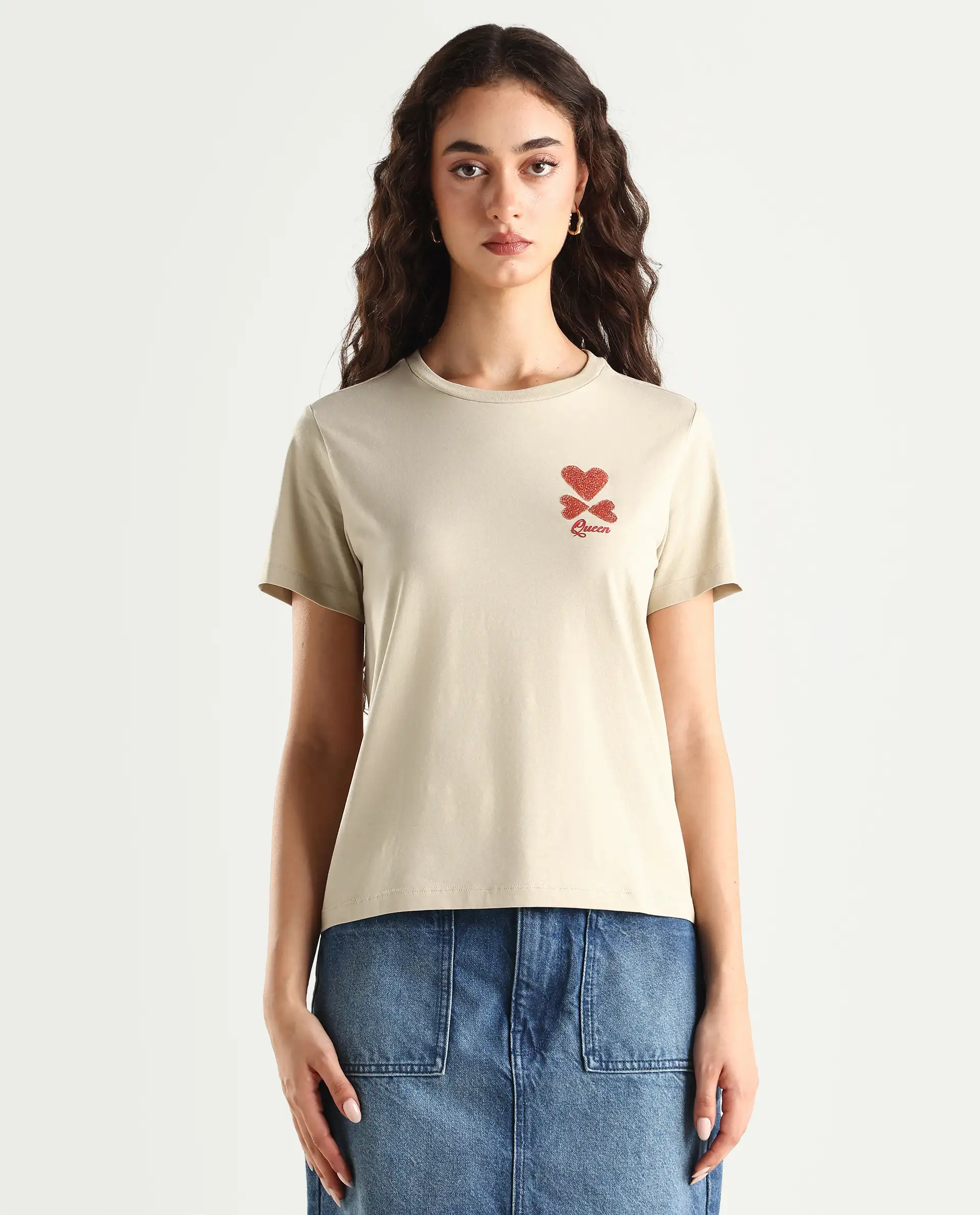 Rareism Women's Sompek Beige Cotton Blend Crew Neck Graphic Print Regular Fit T-Shirt - Image 3