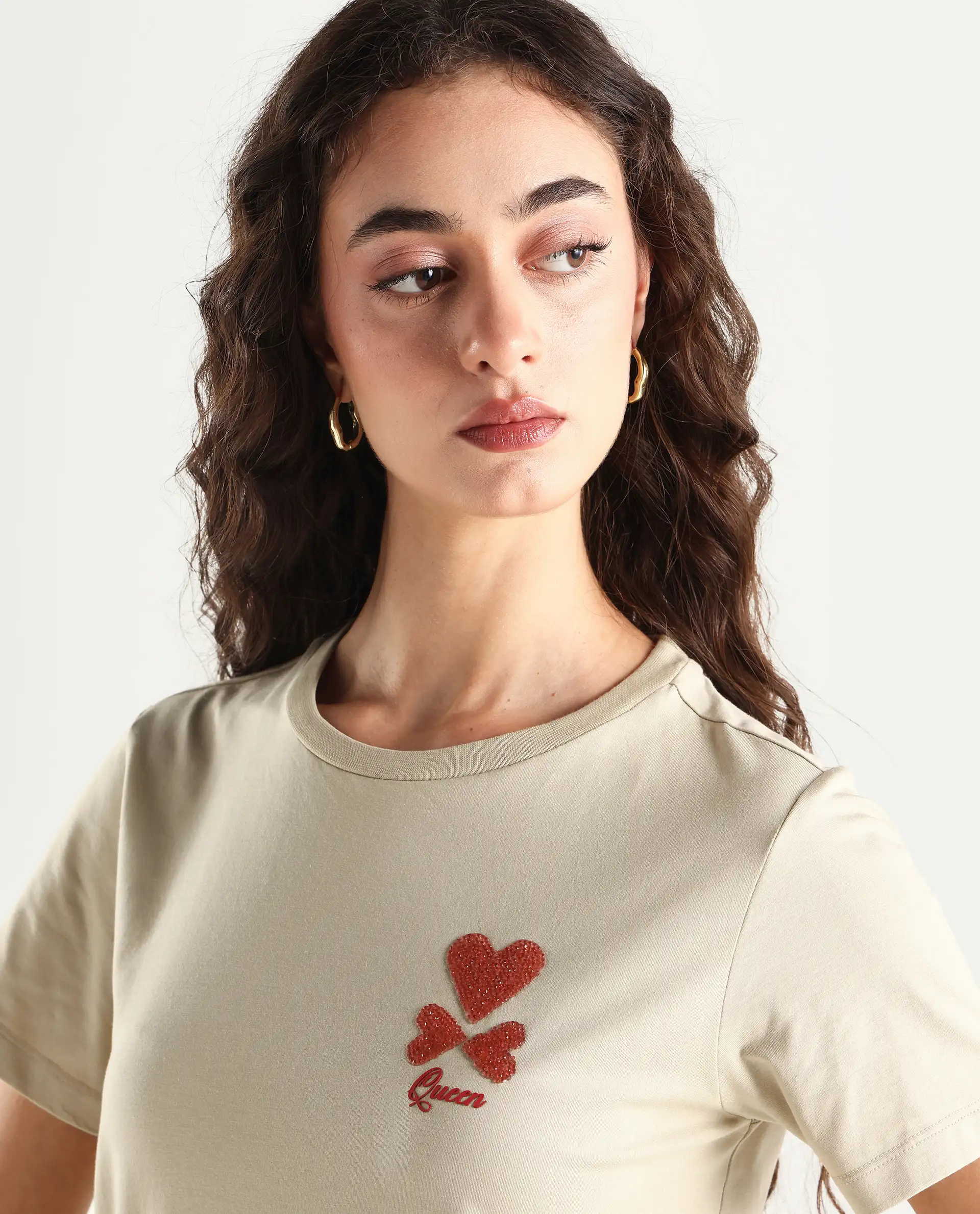Rareism Women's Sompek Beige Cotton Blend Crew Neck Graphic Print Regular Fit T-Shirt - Image 4