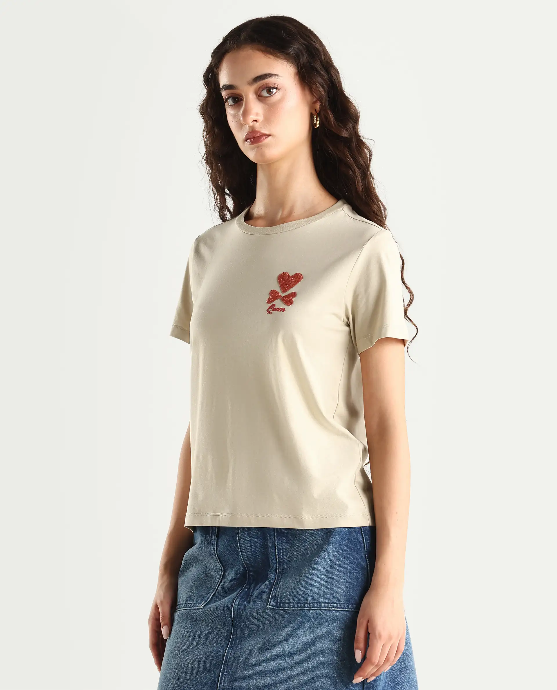 Rareism Women's Sompek Beige Cotton Blend Crew Neck Graphic Print Regular Fit T-Shirt - Image 5