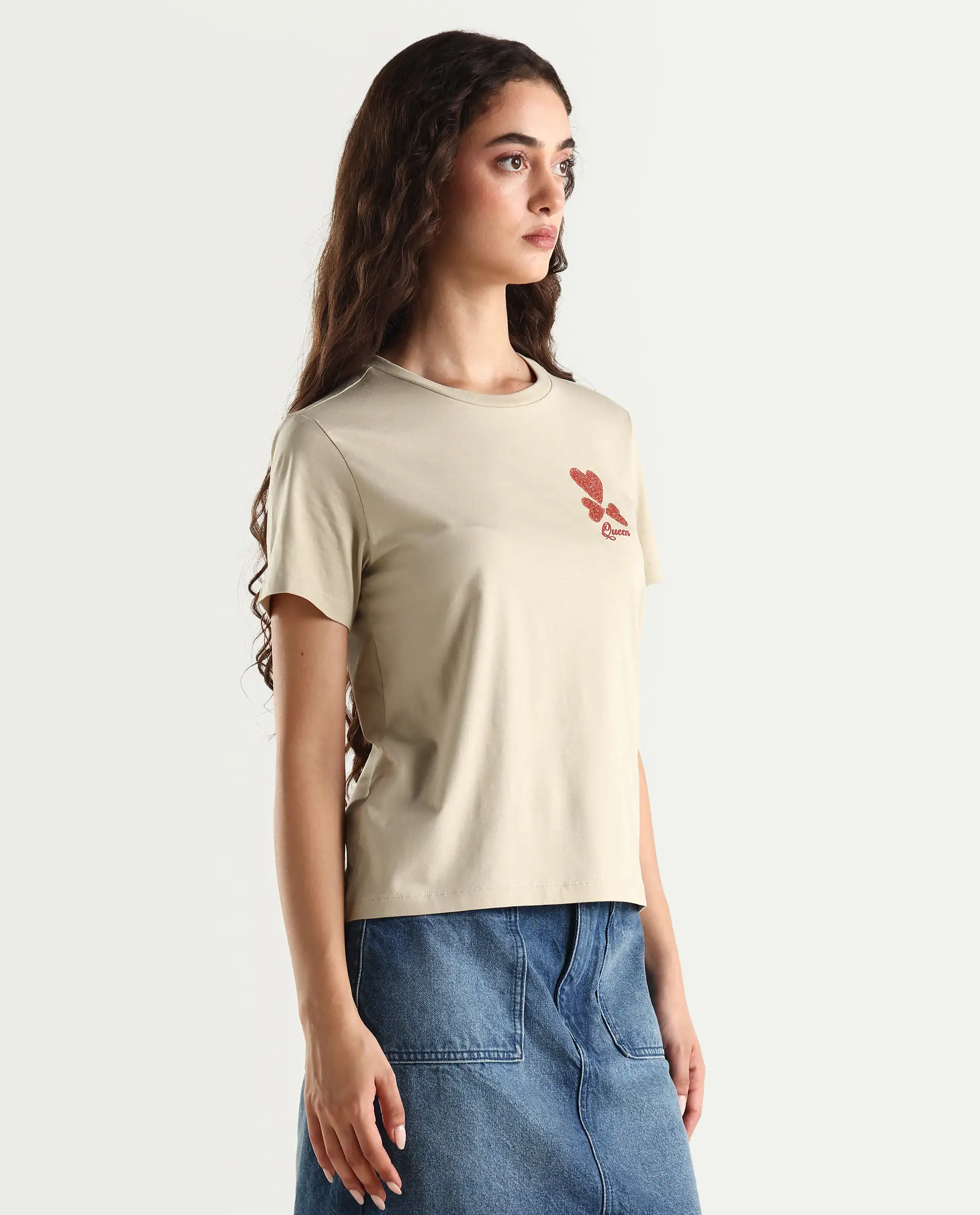Rareism Women's Sompek Beige Cotton Blend Crew Neck Graphic Print Regular Fit T-Shirt - Image 6