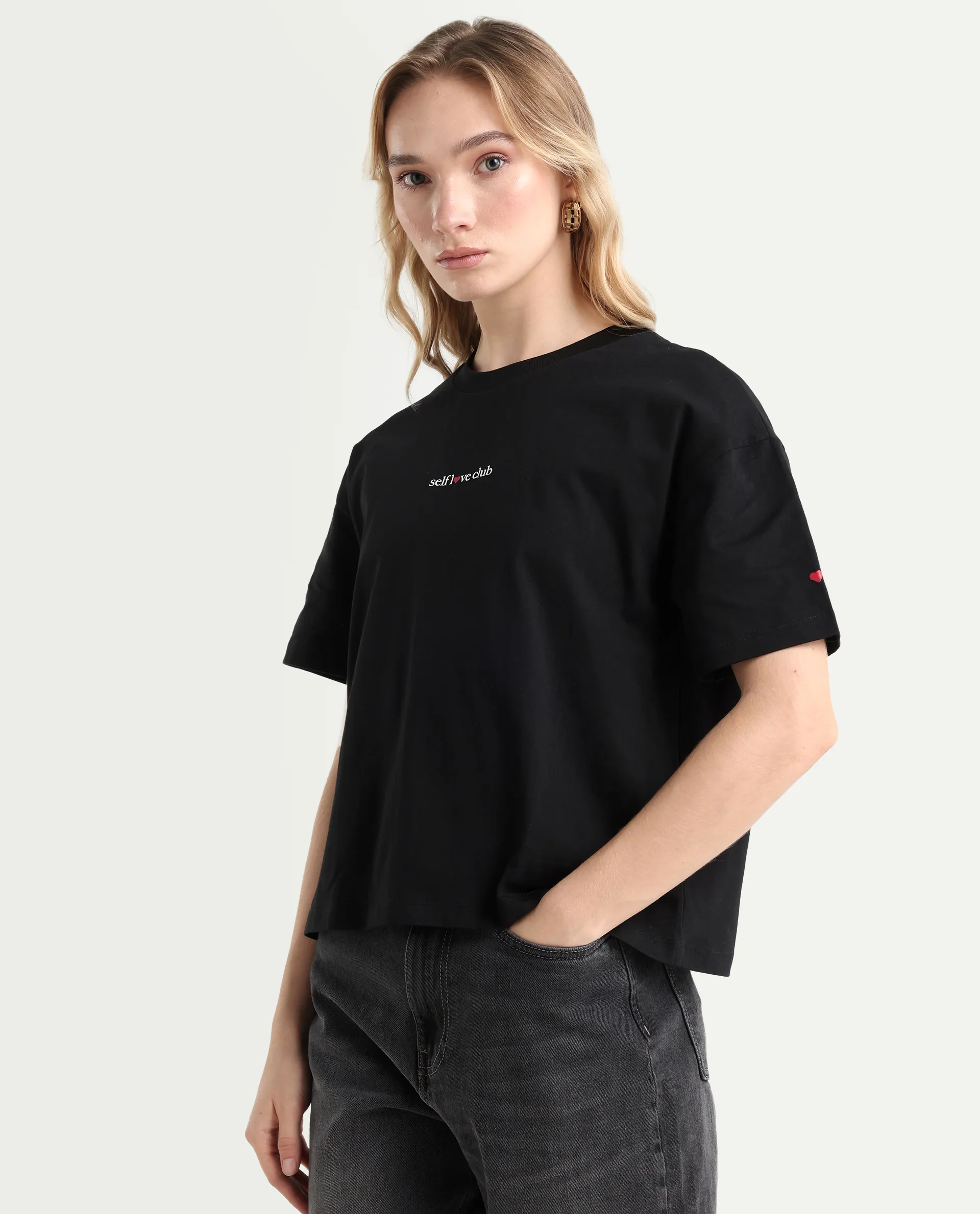 Rareism Women's Sompri Black Cotton Crew Neck Graphic Print Boxy Fit T-Shirt - Image 4