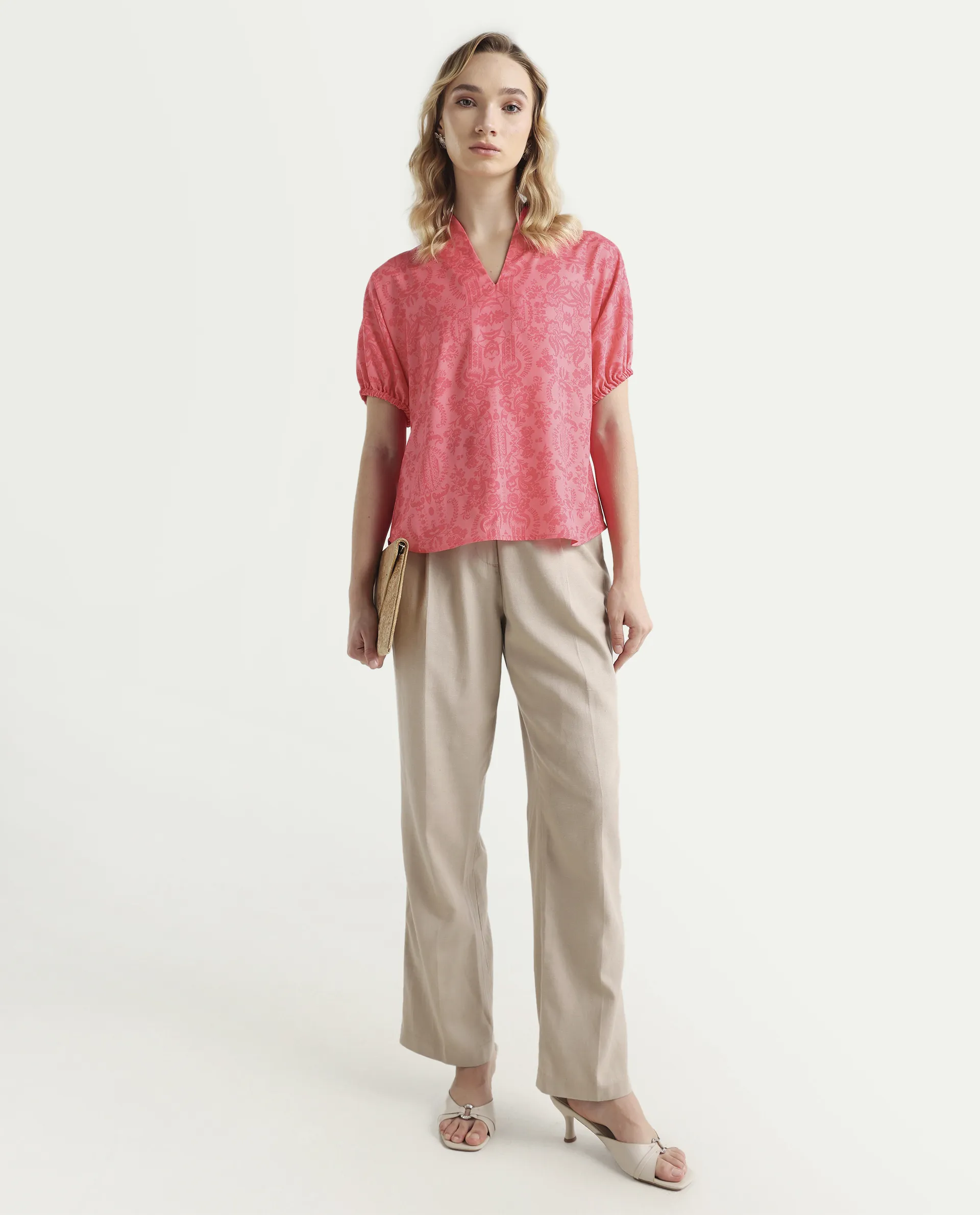Rareism Women's Somquil Pink Polyester V-Neck Abstract Print Puff Sleeves Regular Fit Top - Image 2