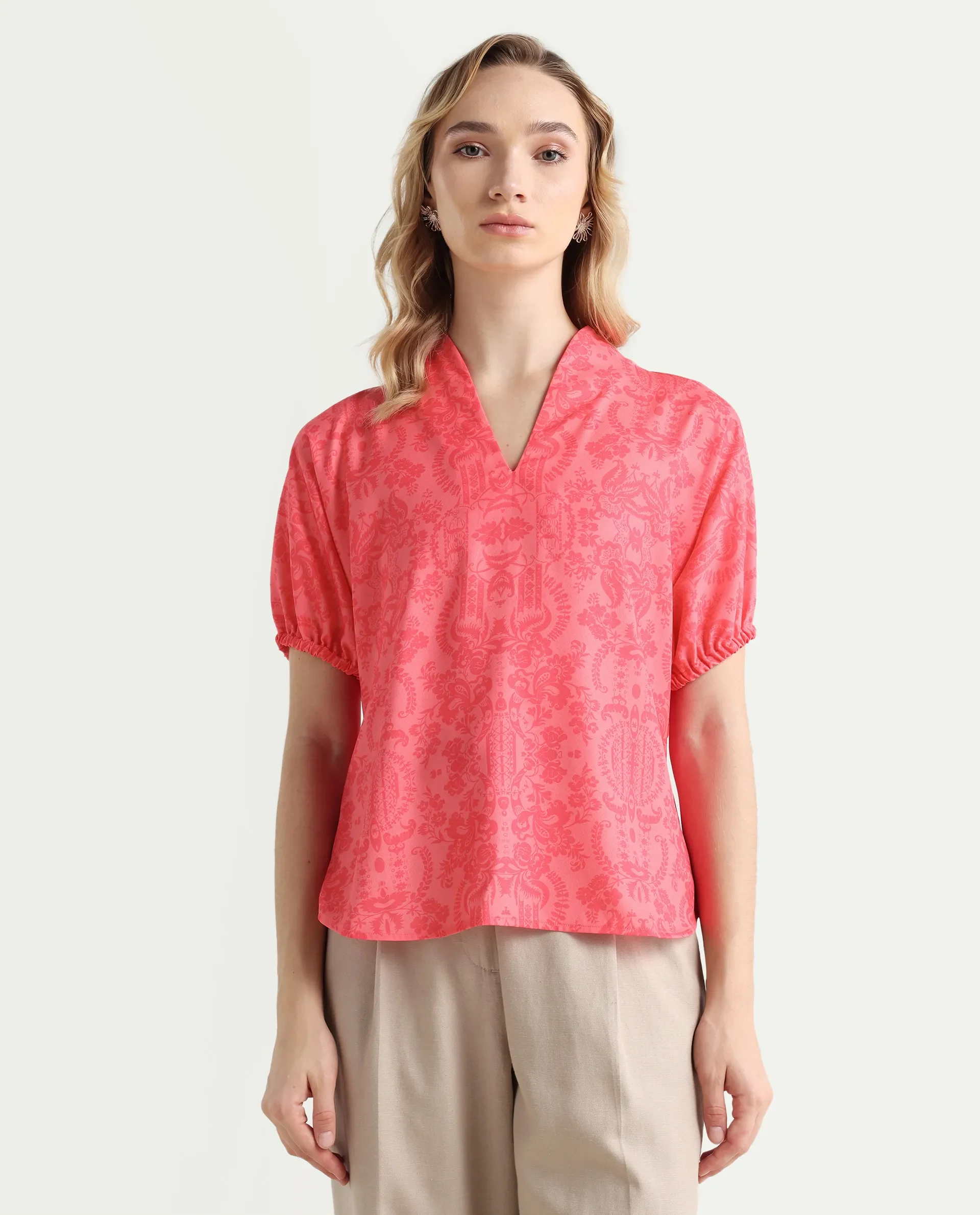 Rareism Women's Somquil Pink Polyester V-Neck Abstract Print Puff Sleeves Regular Fit Top - Image 3