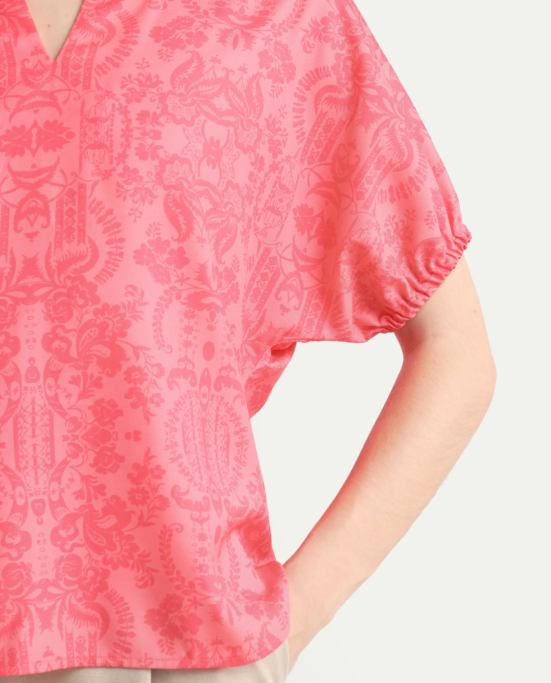 Rareism Women's Somquil Pink Polyester V-Neck Abstract Print Puff Sleeves Regular Fit Top - Image 4