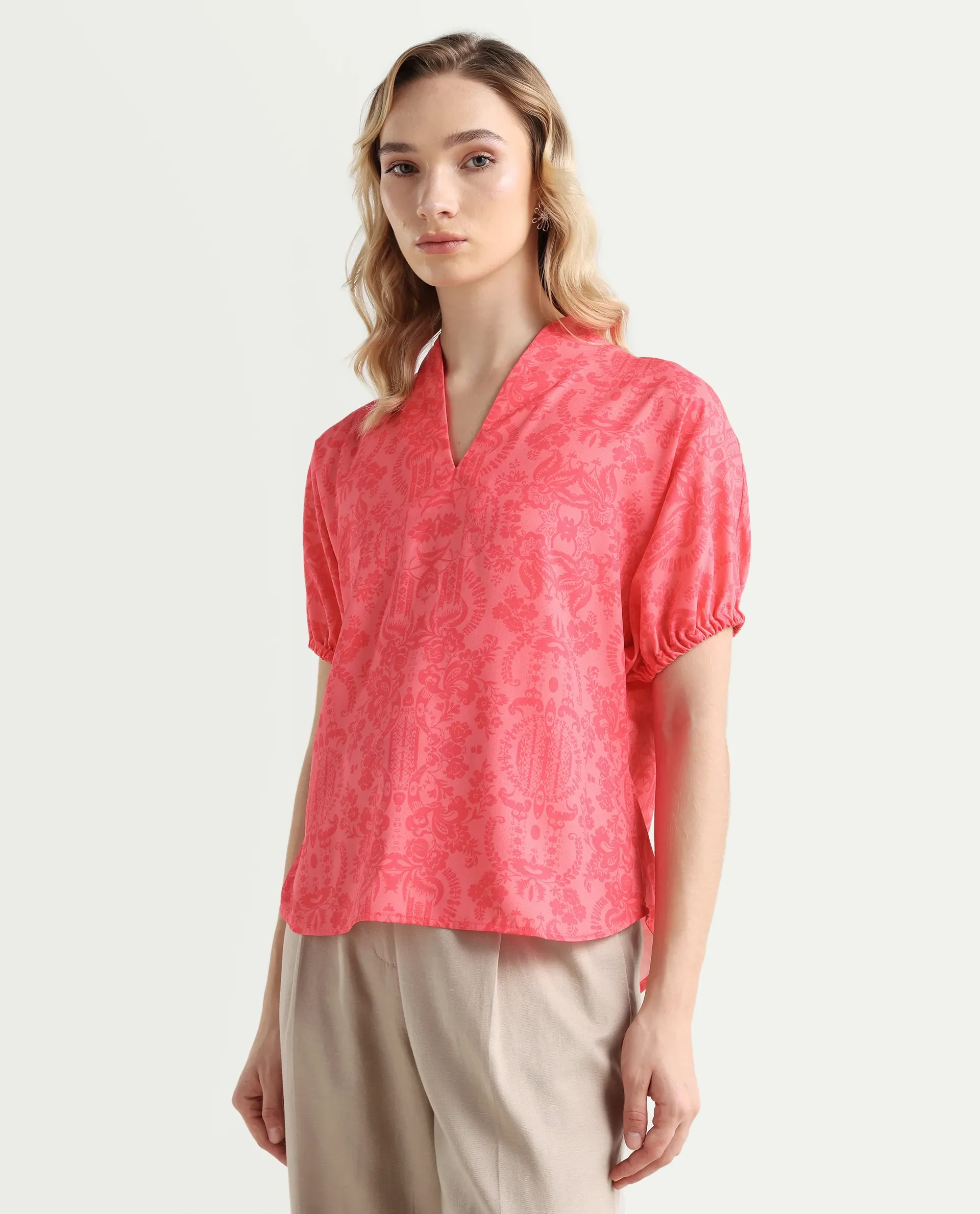 Rareism Women's Somquil Pink Polyester V-Neck Abstract Print Puff Sleeves Regular Fit Top - Image 6