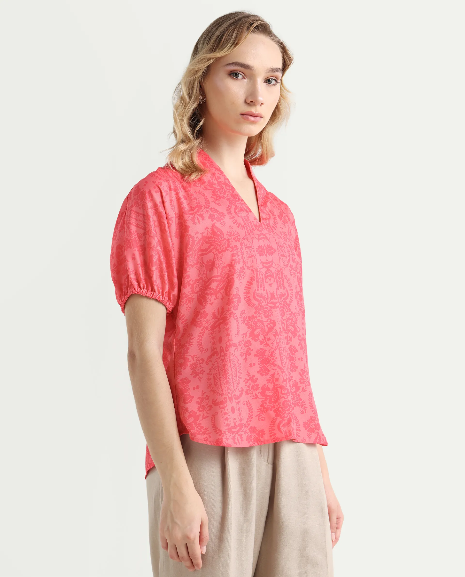 Rareism Women's Somquil Pink Polyester V-Neck Abstract Print Puff Sleeves Regular Fit Top - Image 7