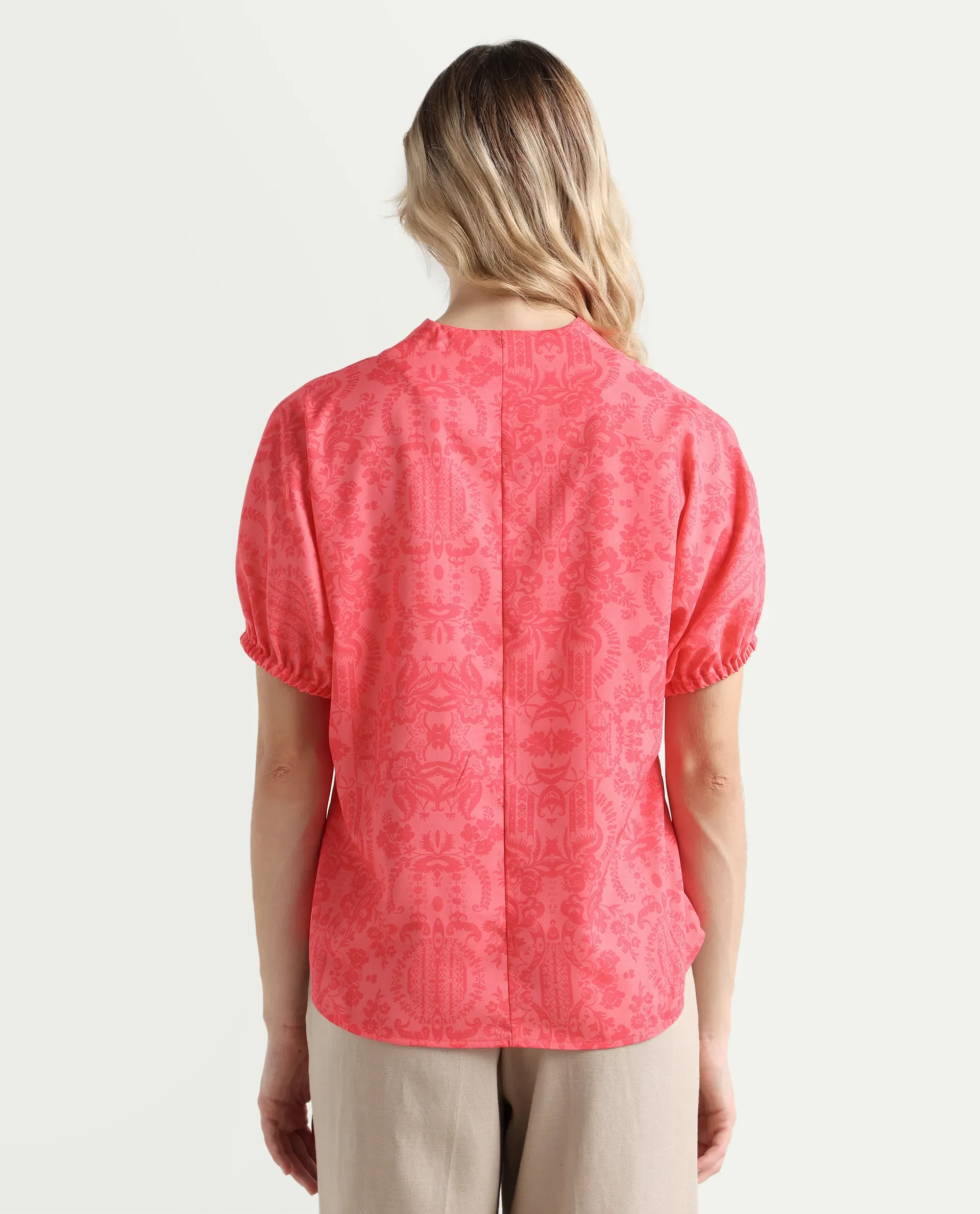 Rareism Women's Somquil Pink Polyester V-Neck Abstract Print Puff Sleeves Regular Fit Top - Image 8
