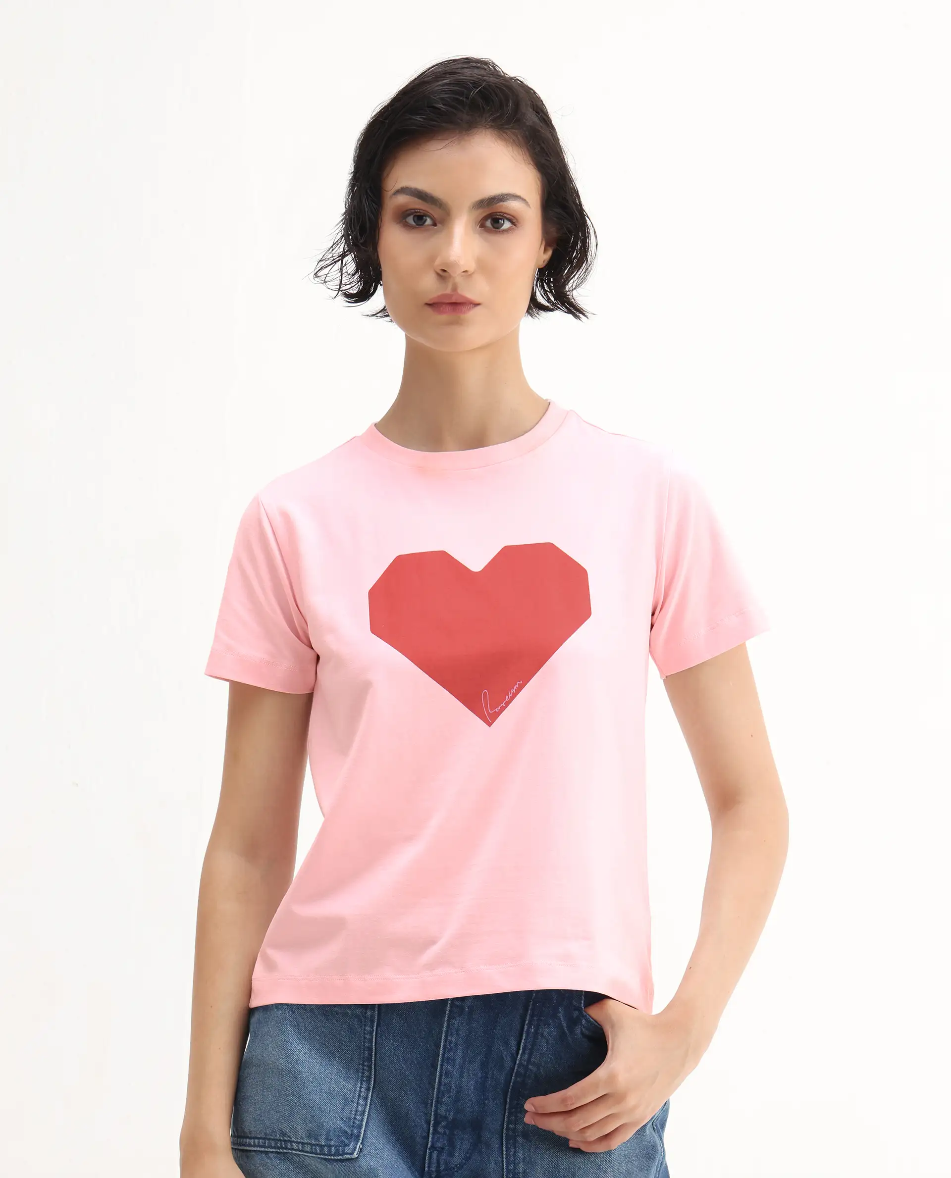 Rareism Women's Somrac Light Pink Cotton Blend Crew Neck Graphic Print Regular Fit T-Shirt - Image 4