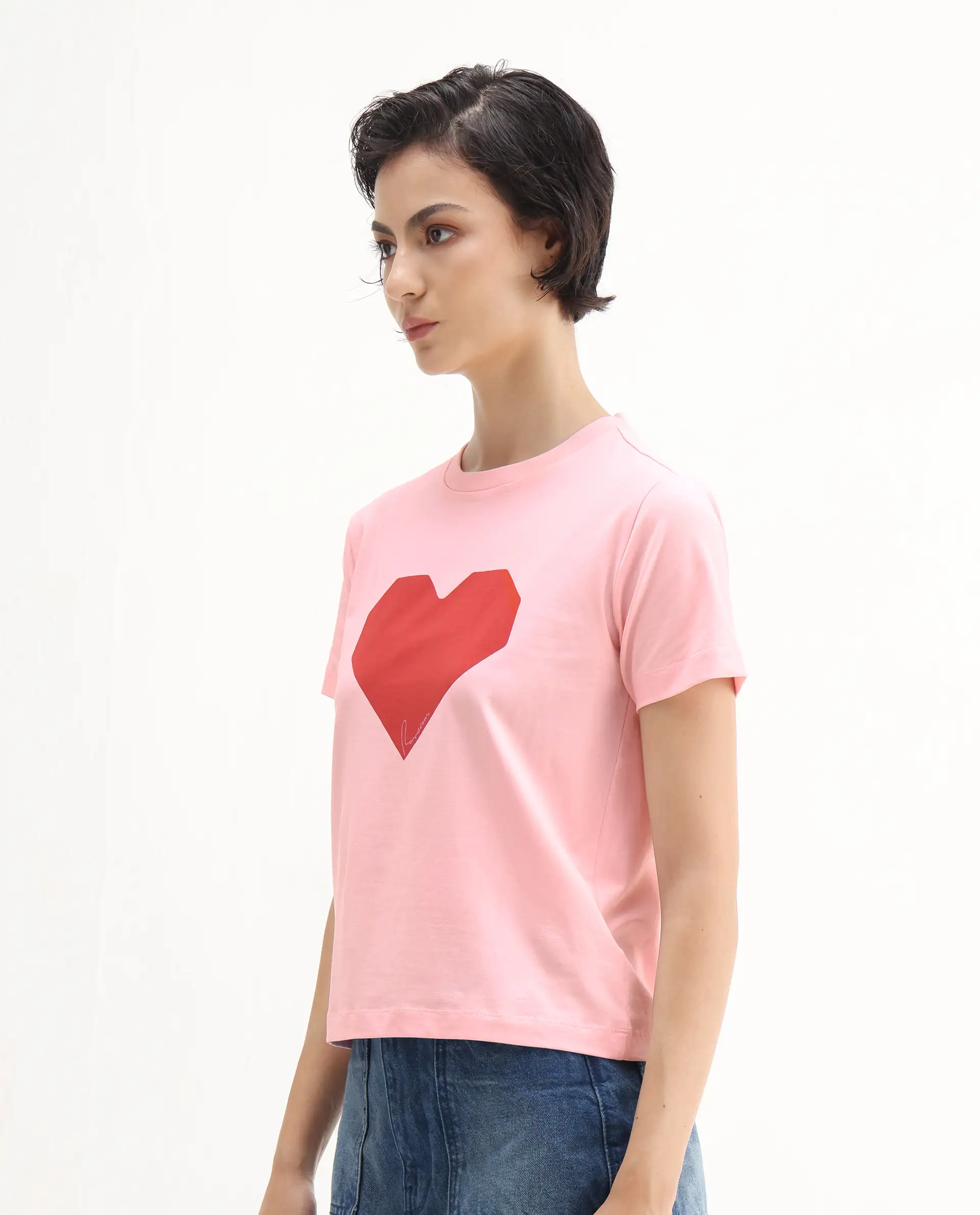 Rareism Women's Somrac Light Pink Cotton Blend Crew Neck Graphic Print Regular Fit T-Shirt - Image 6
