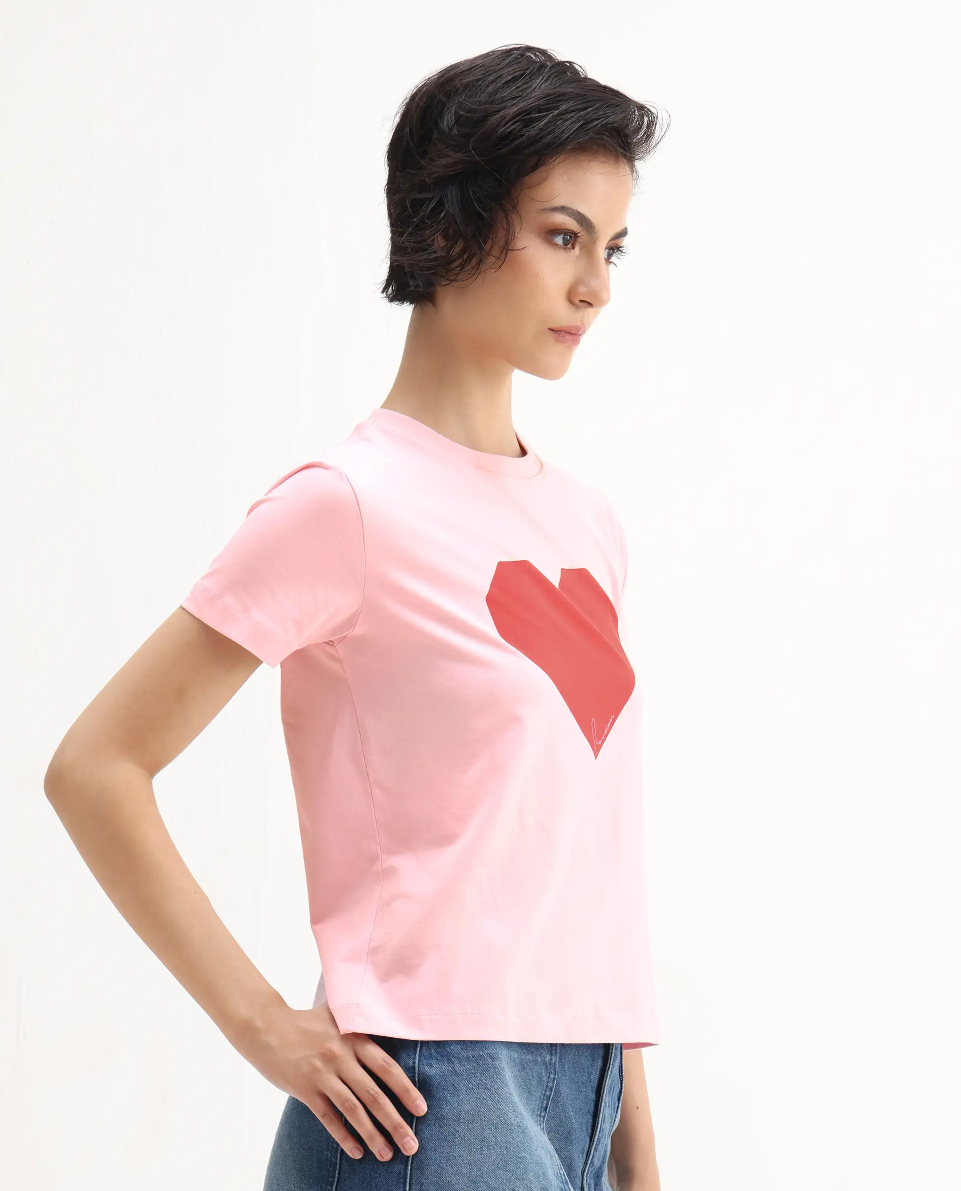 Rareism Women's Somrac Light Pink Cotton Blend Crew Neck Graphic Print Regular Fit T-Shirt - Image 7