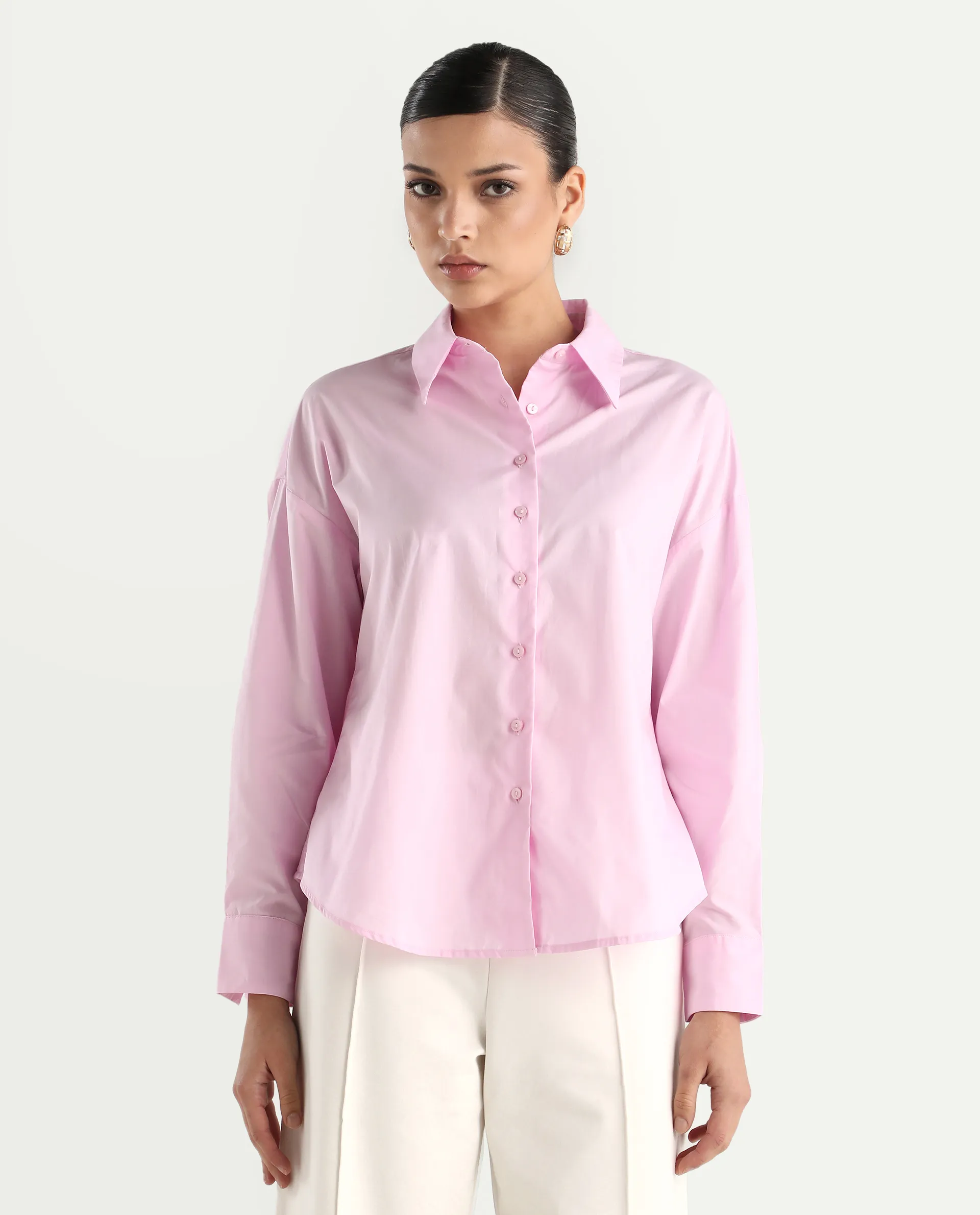 Rareism Women's Somrang Pink Cotton Spread Collar Plain Cuffed Sleeve Regular Fit Shirt - Image 3
