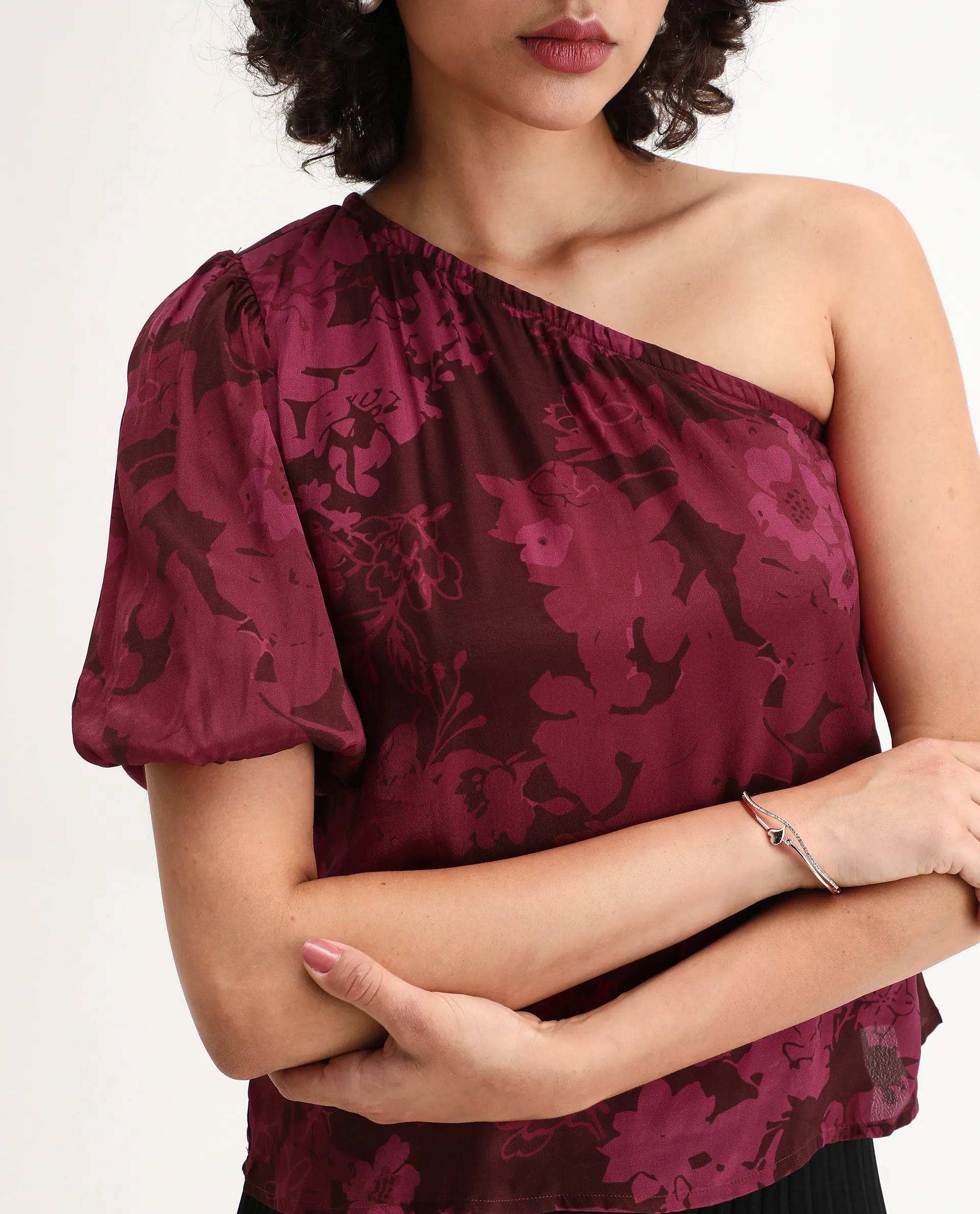 Rareism Women's Somray Red Polyester One Shoulder Floral Print One Shoulder Regular Fit Top - Image 2