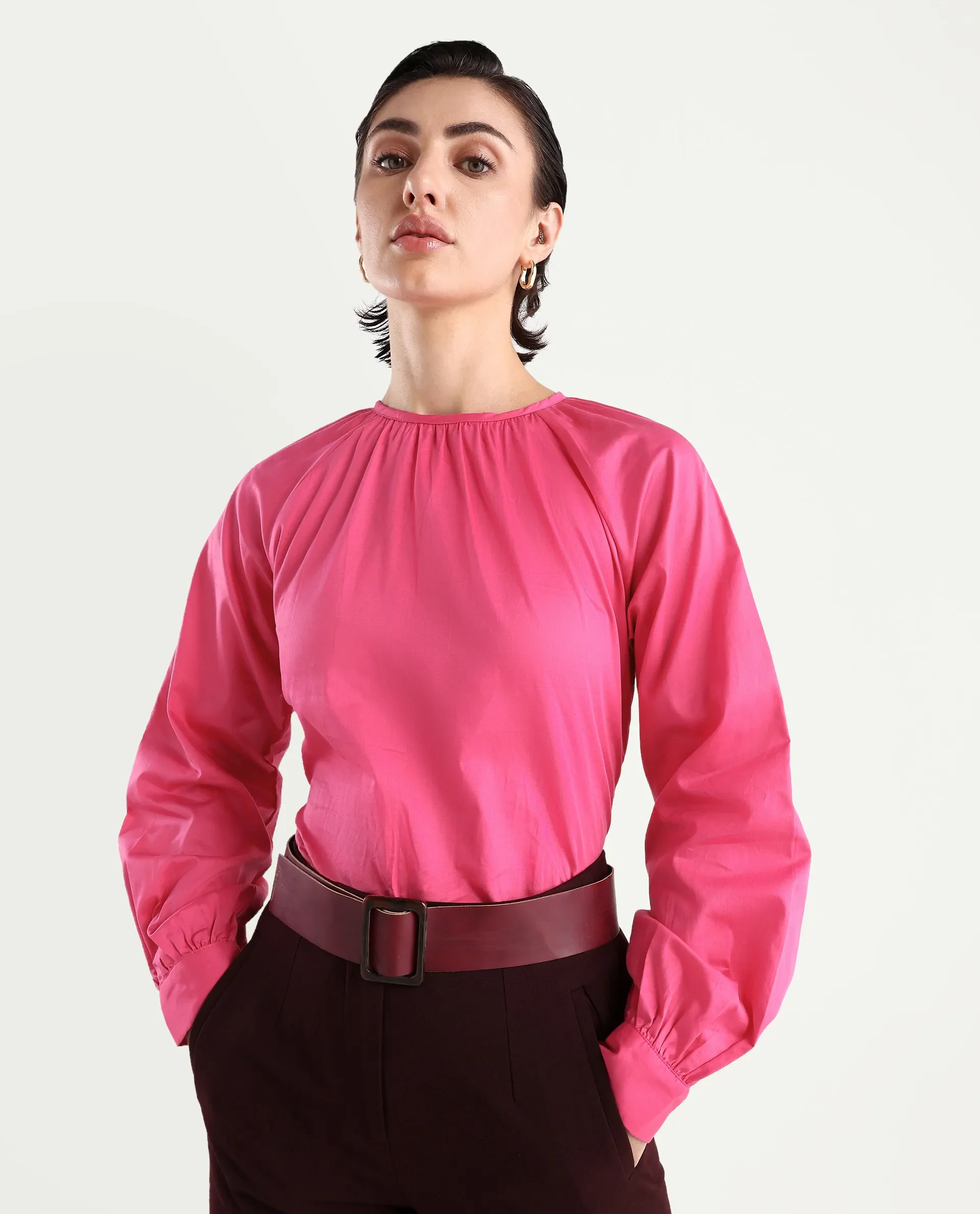 Rareism Women's Somree Pink Cotton Round Neck Plain Cuffed Sleeve Relaxed Fit Top