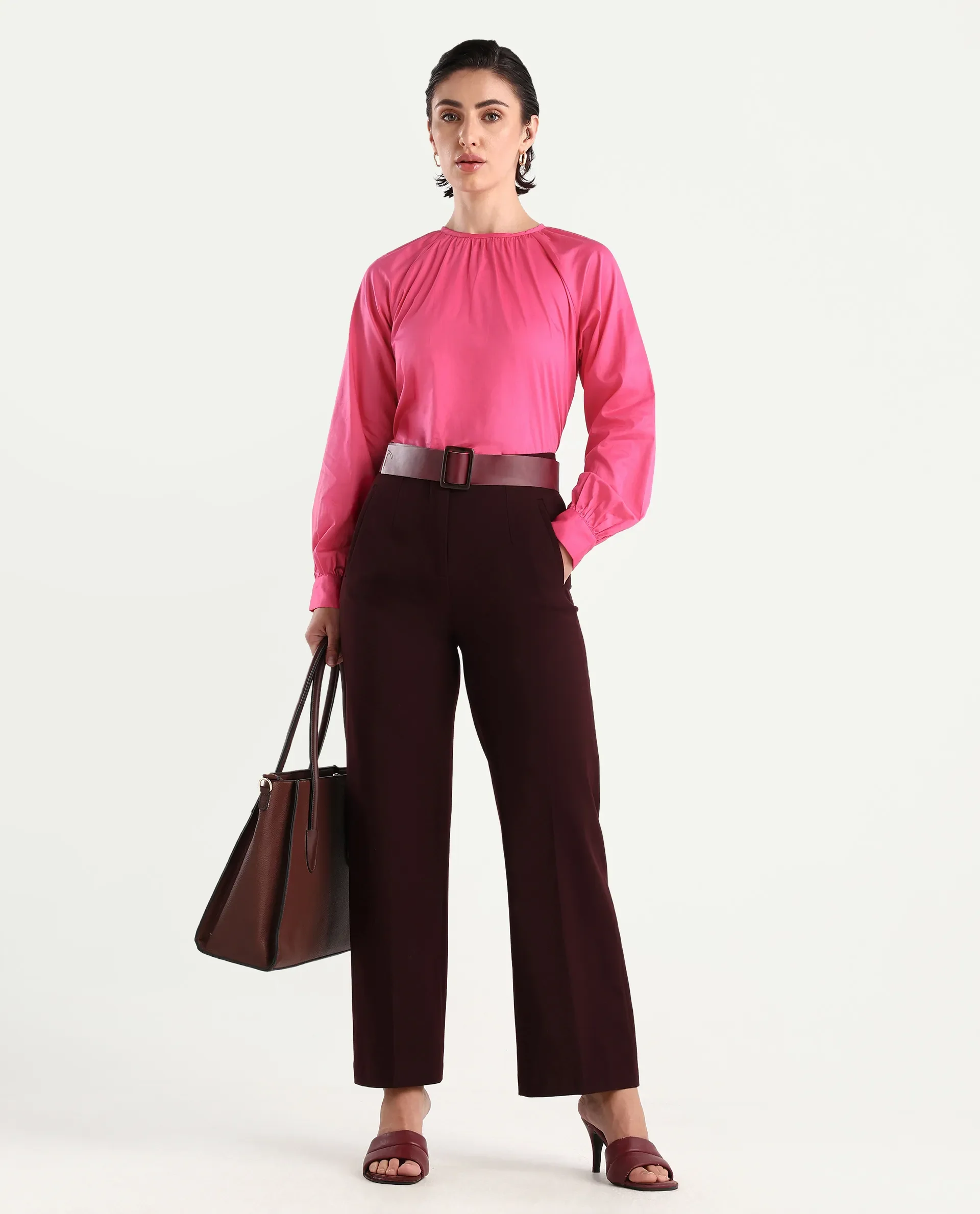 Rareism Women's Somree Pink Cotton Round Neck Plain Cuffed Sleeve Relaxed Fit Top - Image 2