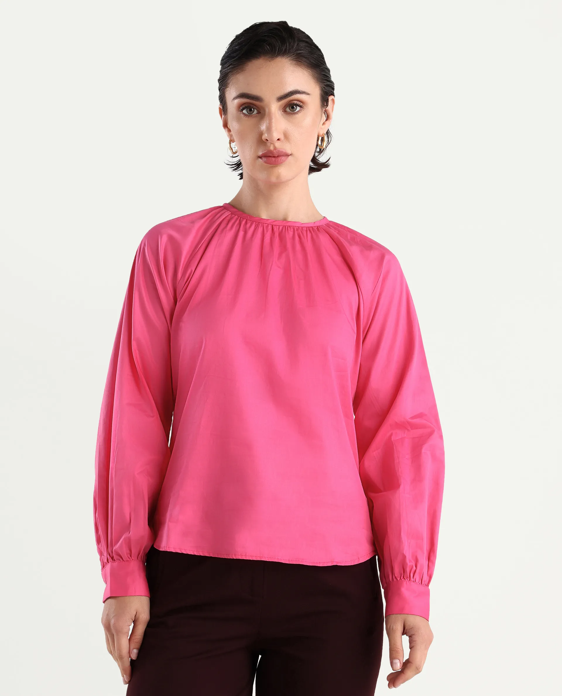 Rareism Women's Somree Pink Cotton Round Neck Plain Cuffed Sleeve Relaxed Fit Top - Image 3