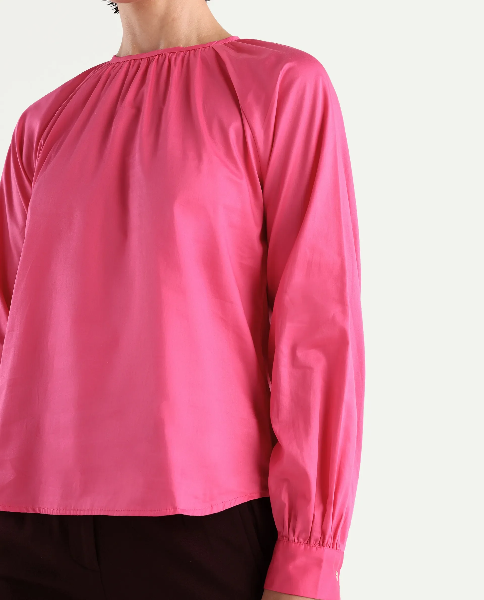 Rareism Women's Somree Pink Cotton Round Neck Plain Cuffed Sleeve Relaxed Fit Top - Image 4