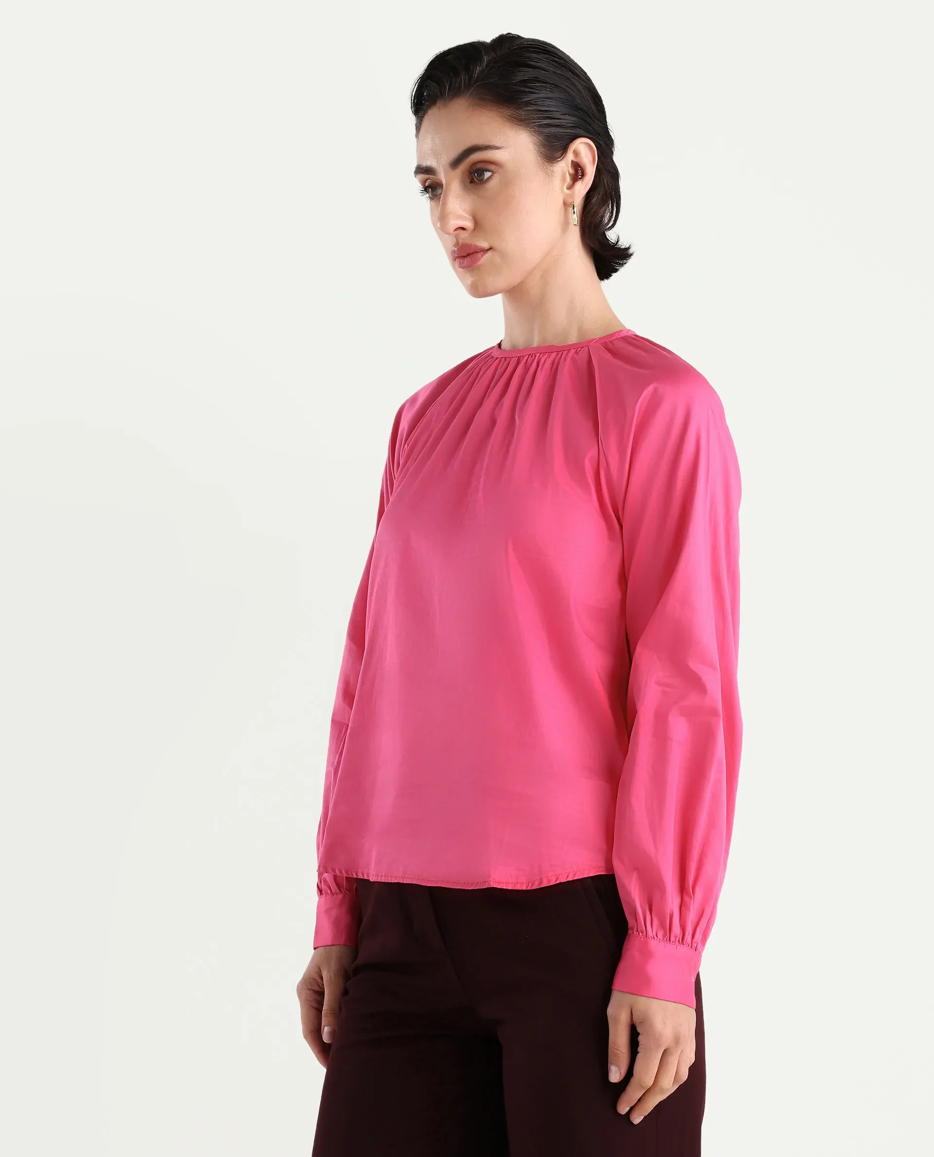 Rareism Women's Somree Pink Cotton Round Neck Plain Cuffed Sleeve Relaxed Fit Top - Image 5