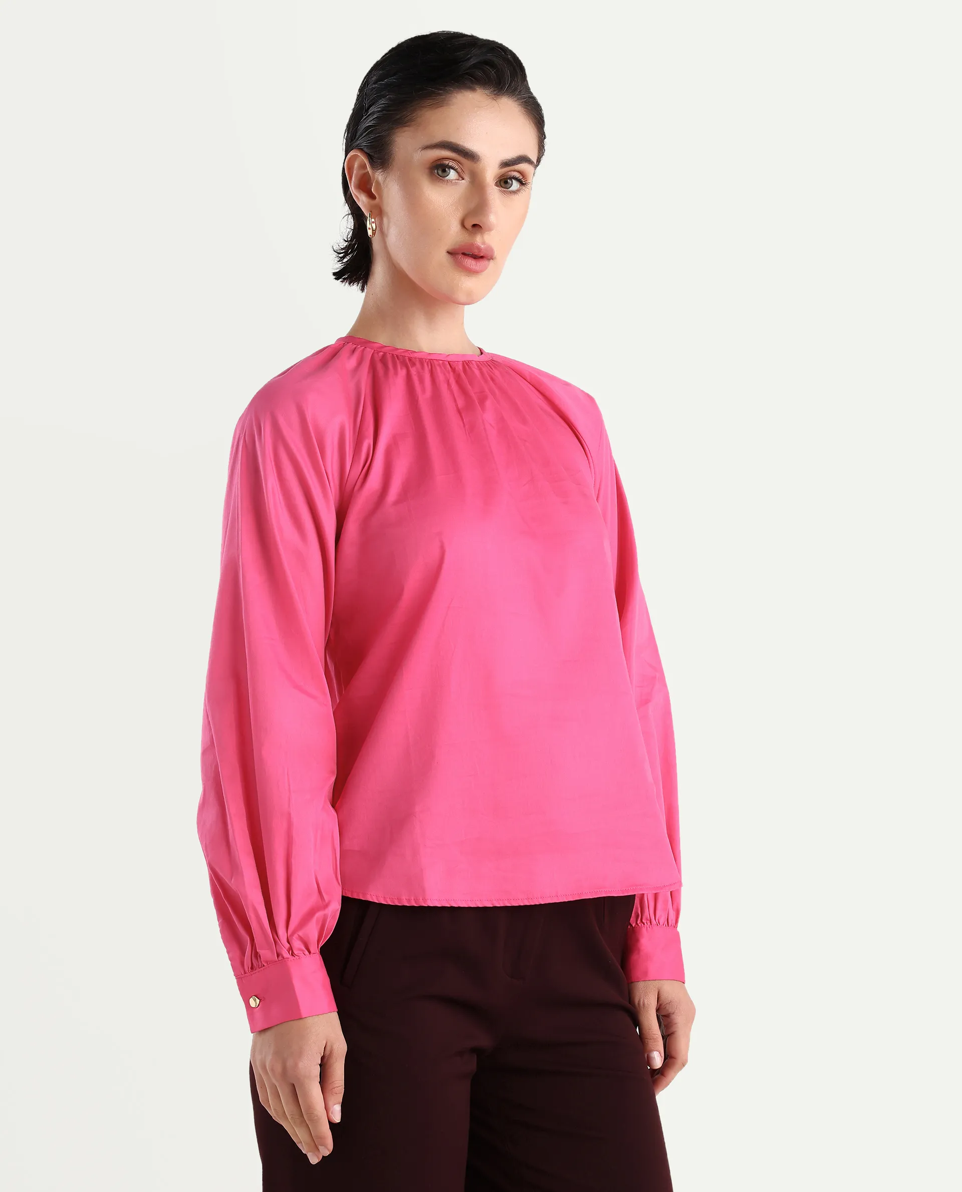 Rareism Women's Somree Pink Cotton Round Neck Plain Cuffed Sleeve Relaxed Fit Top - Image 6