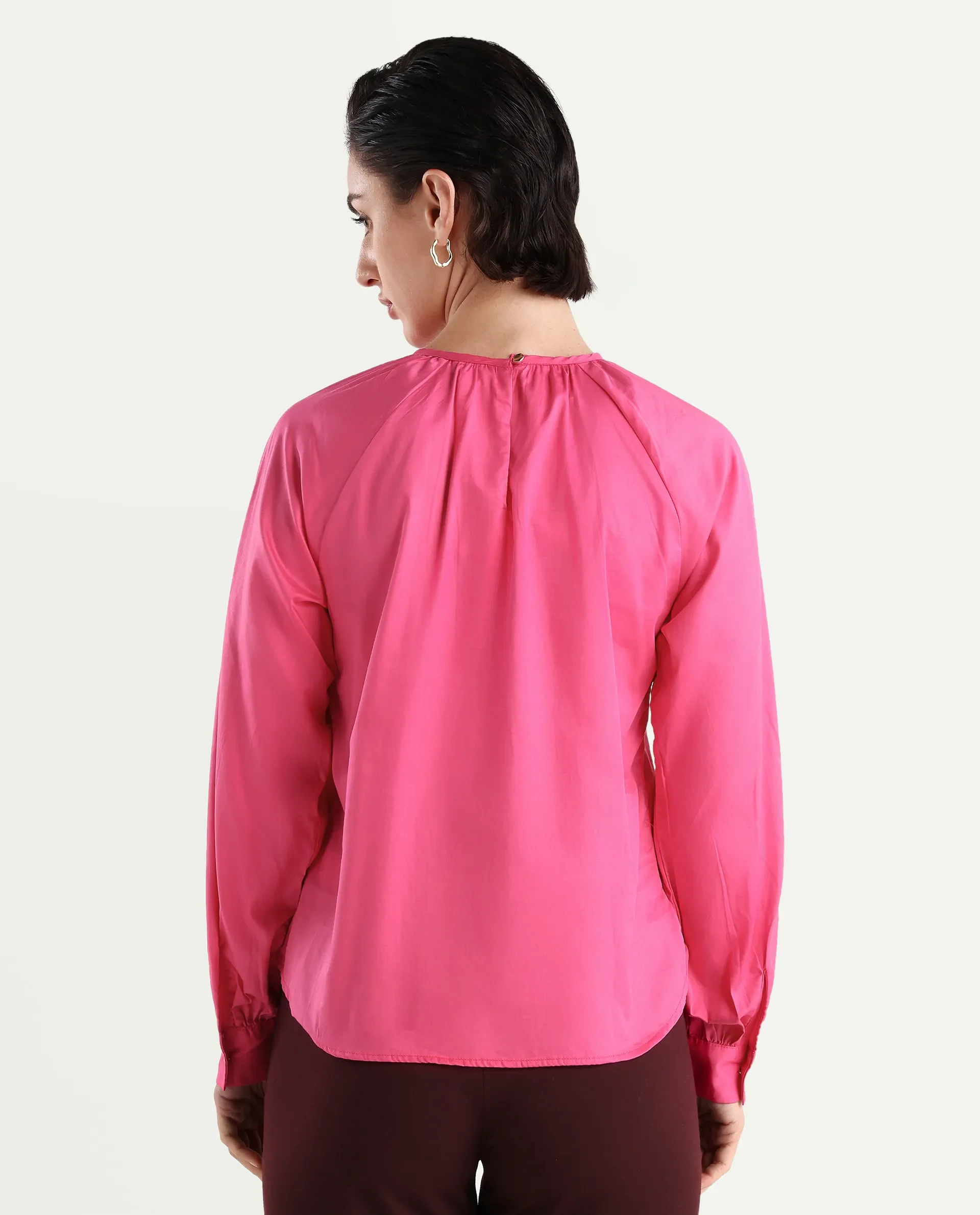 Rareism Women's Somree Pink Cotton Round Neck Plain Cuffed Sleeve Relaxed Fit Top - Image 7