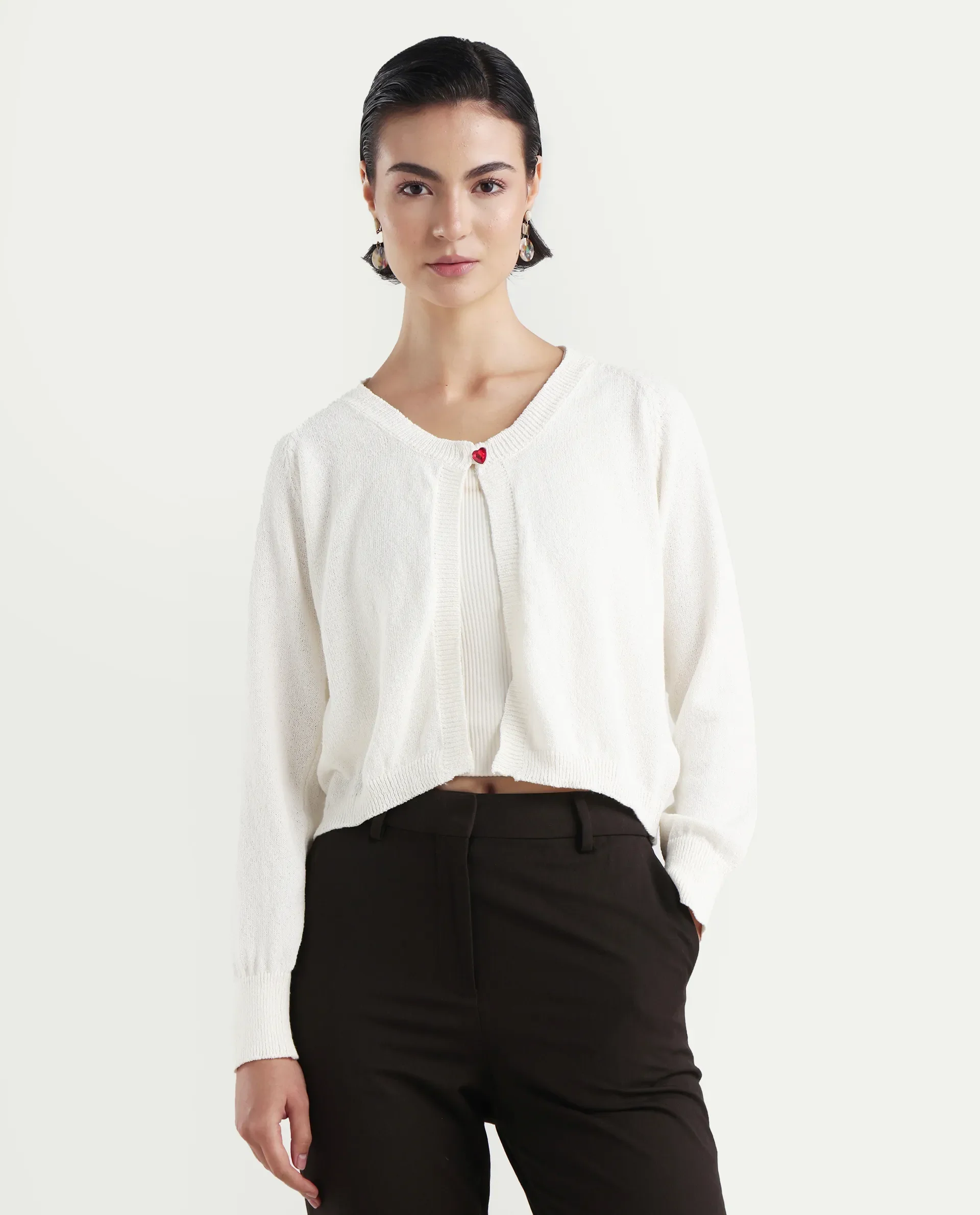 Rareism Women's Somres Beige Cotton Blend Round Neck Plain Raglan Sleeve Crop Regular Fit Shrug - Image 3
