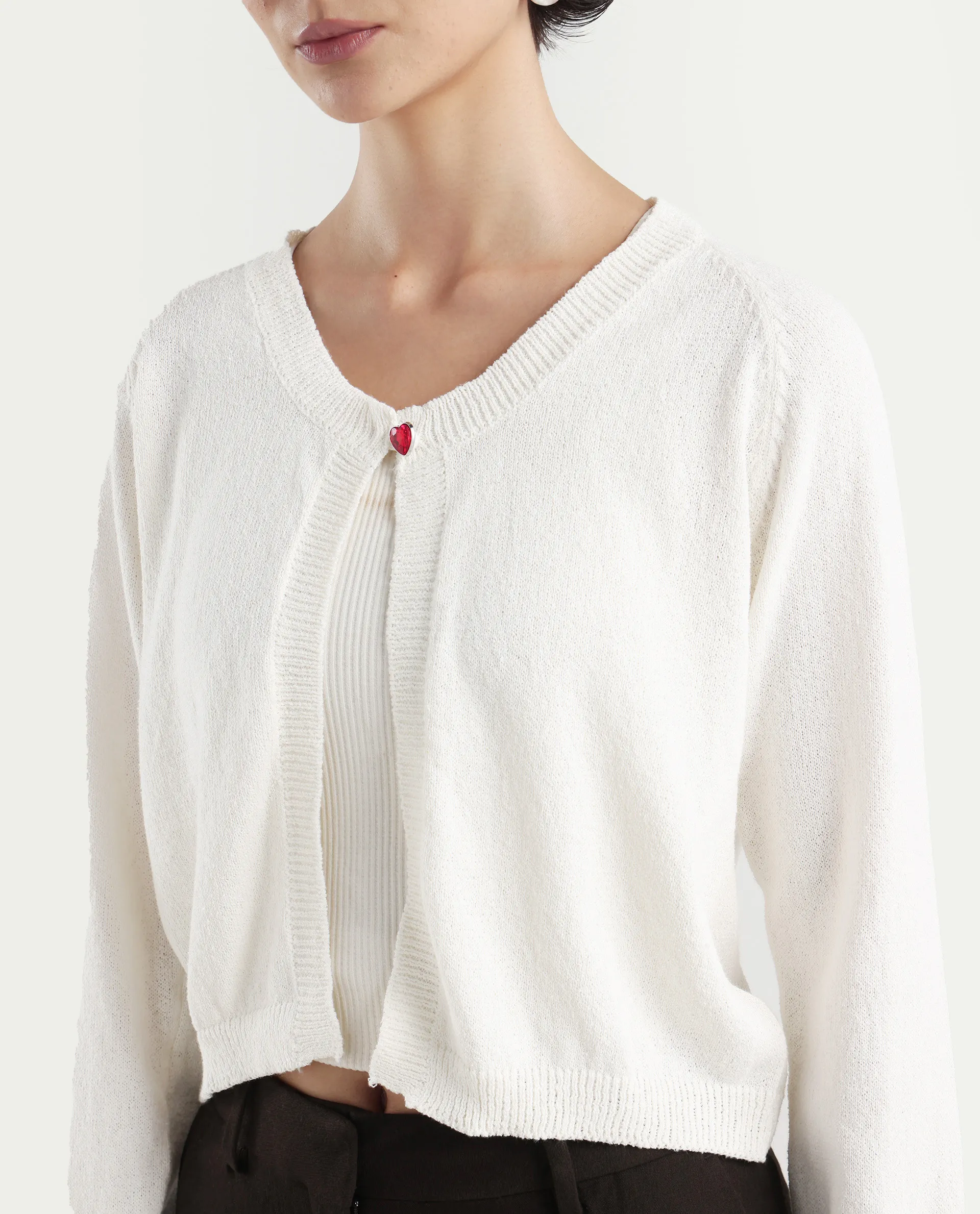 Rareism Women's Somres Beige Cotton Blend Round Neck Plain Raglan Sleeve Crop Regular Fit Shrug - Image 4