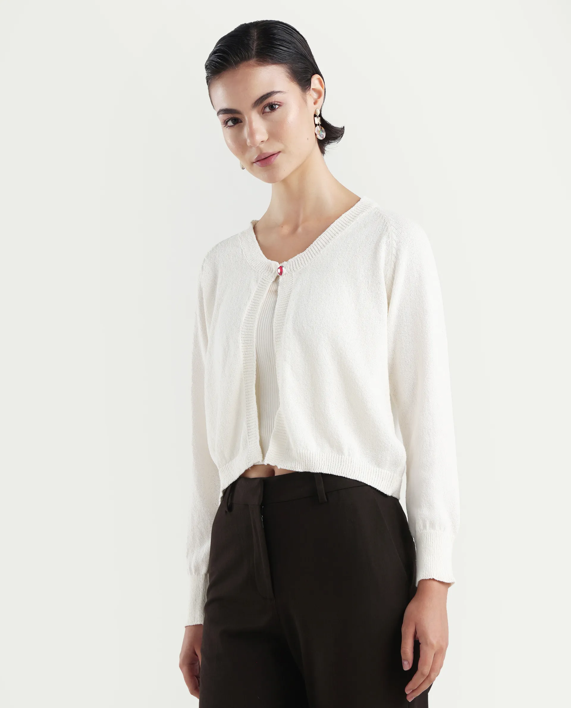 Rareism Women's Somres Beige Cotton Blend Round Neck Plain Raglan Sleeve Crop Regular Fit Shrug - Image 5