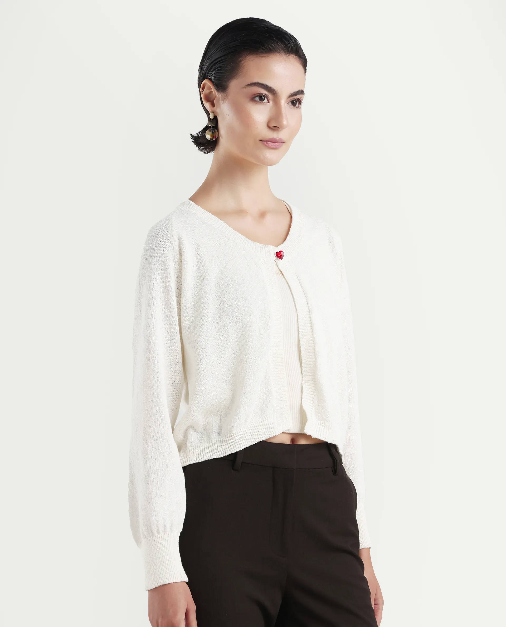 Rareism Women's Somres Beige Cotton Blend Round Neck Plain Raglan Sleeve Crop Regular Fit Shrug - Image 6