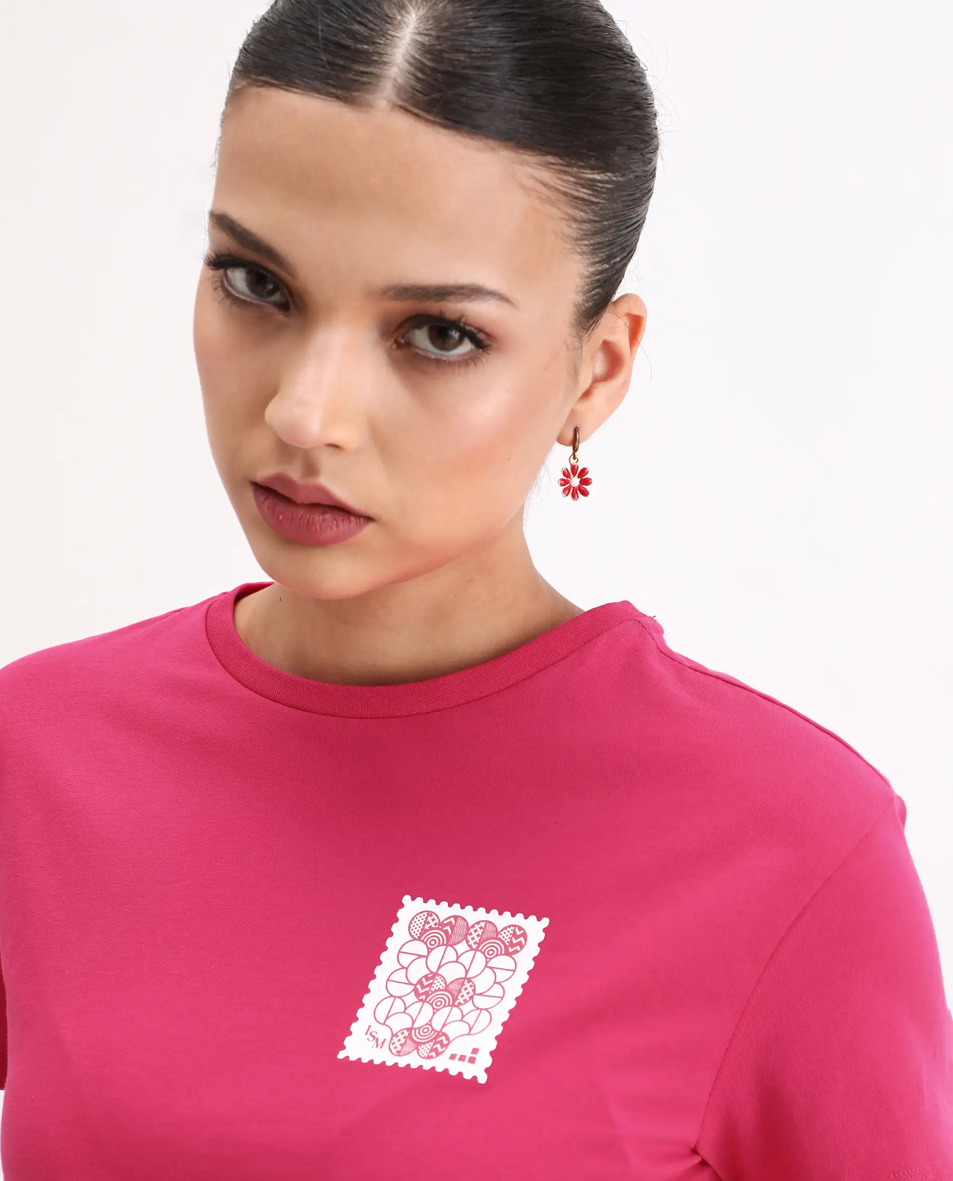 Rareism Women's Somrey Pink Cotton Blend Crew Neck Graphic Print Crop Regular Fit T-Shirt - Image 6