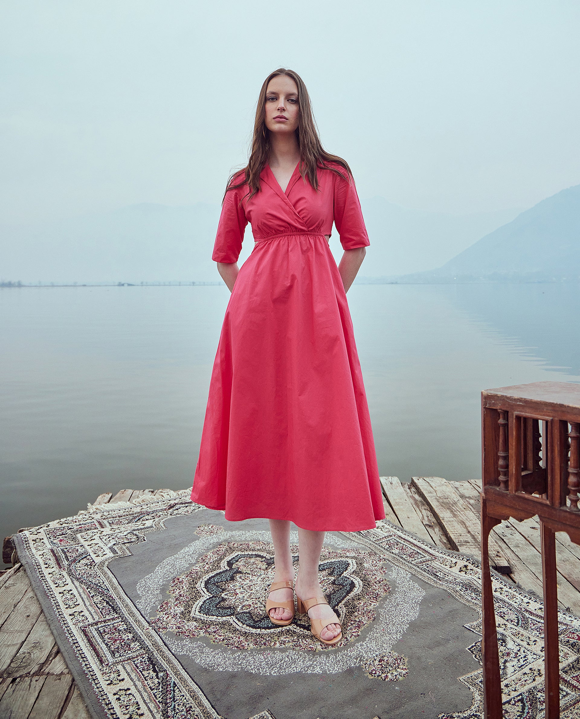 Rareism Women's Somrica Dark Pink Cotton Lapel Neck Plain Maxi A-Line Dress