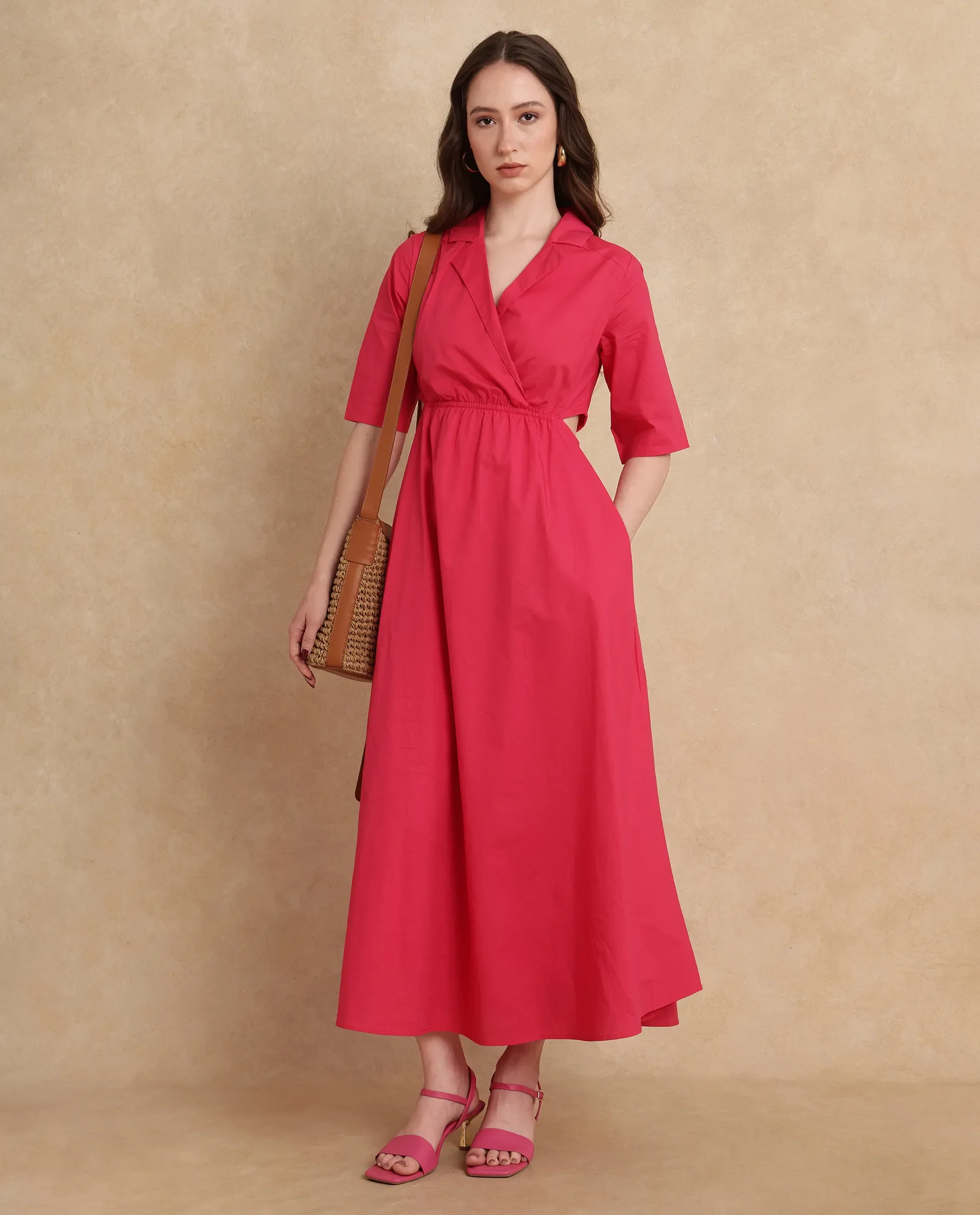 Rareism Women's Somrica Dark Pink Cotton Lapel Neck Plain Maxi A-Line Dress - Image 2