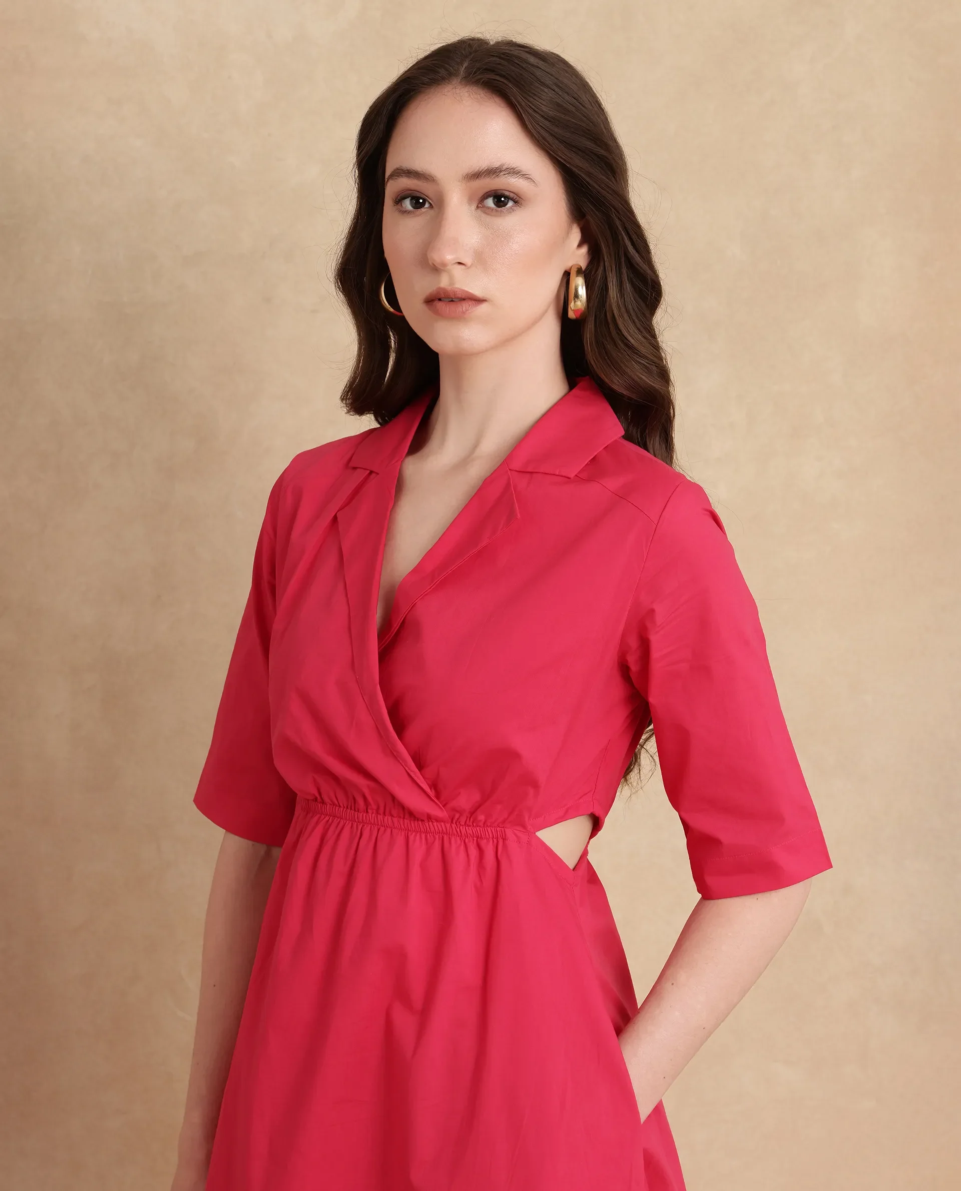 Rareism Women's Somrica Dark Pink Cotton Lapel Neck Plain Maxi A-Line Dress - Image 3