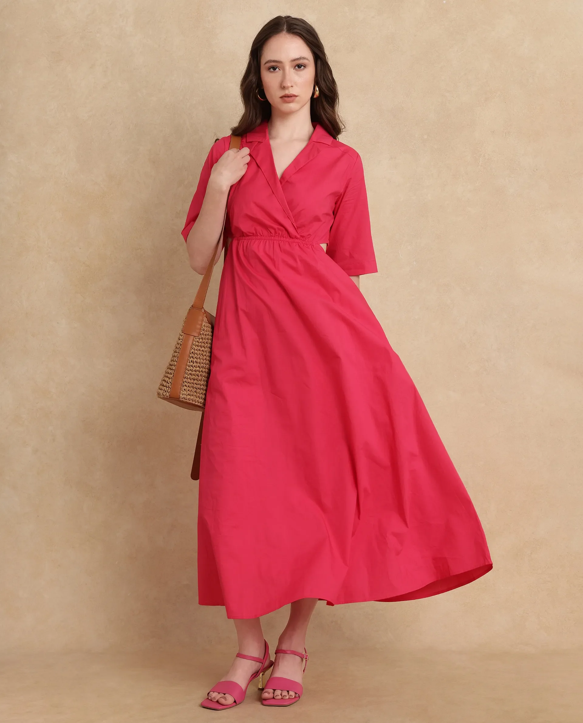 Rareism Women's Somrica Dark Pink Cotton Lapel Neck Plain Maxi A-Line Dress - Image 4