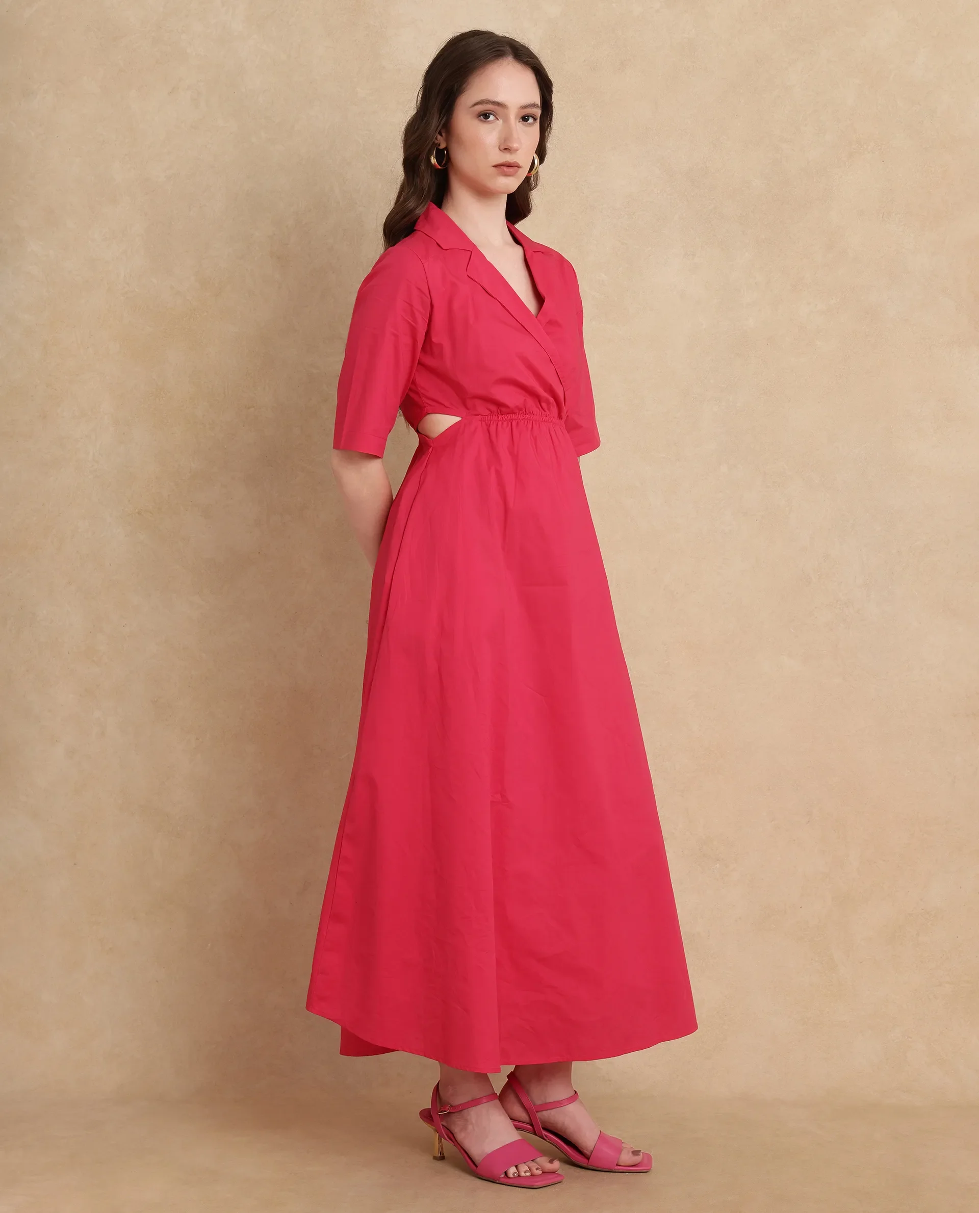 Rareism Women's Somrica Dark Pink Cotton Lapel Neck Plain Maxi A-Line Dress - Image 5