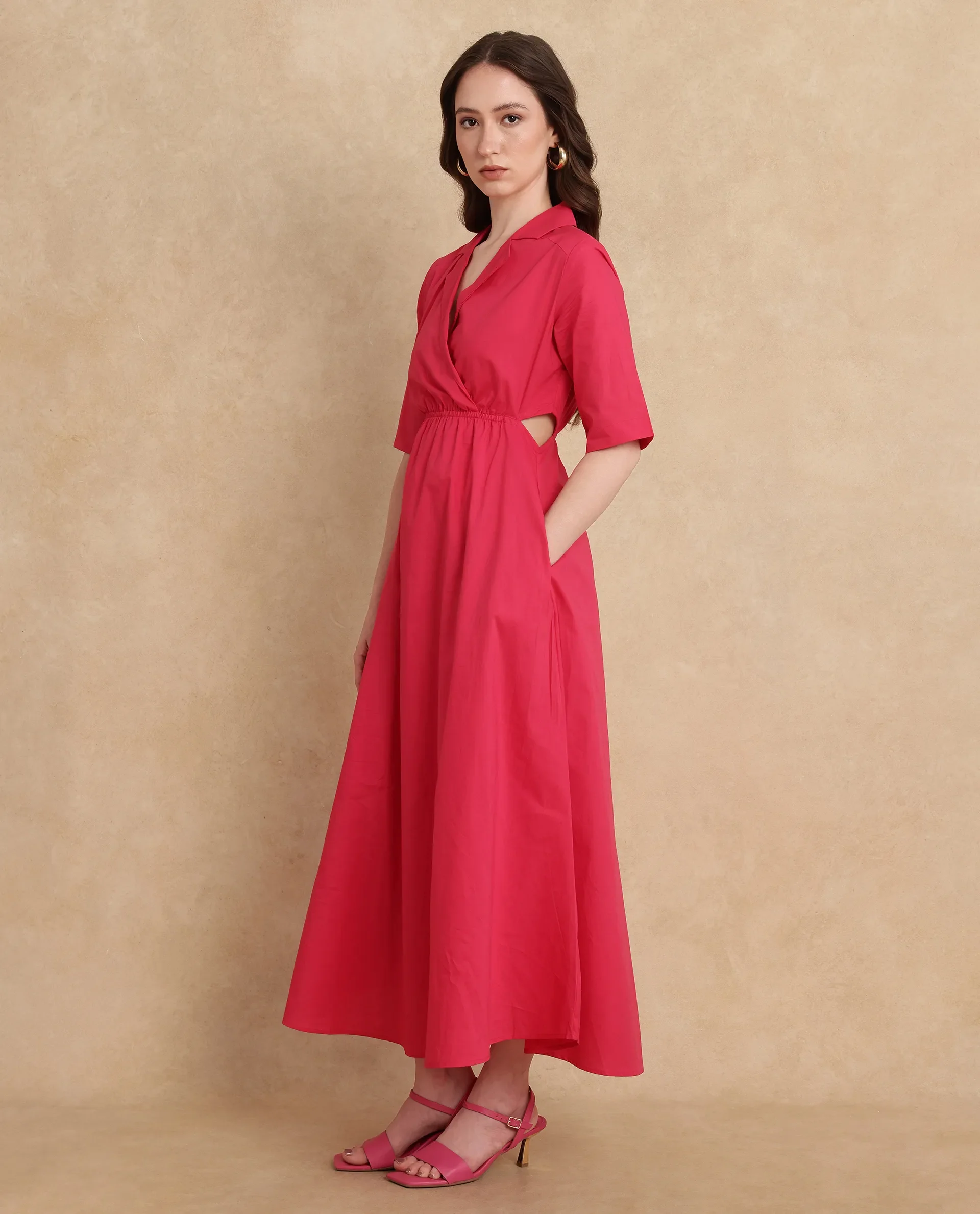 Rareism Women's Somrica Dark Pink Cotton Lapel Neck Plain Maxi A-Line Dress - Image 6