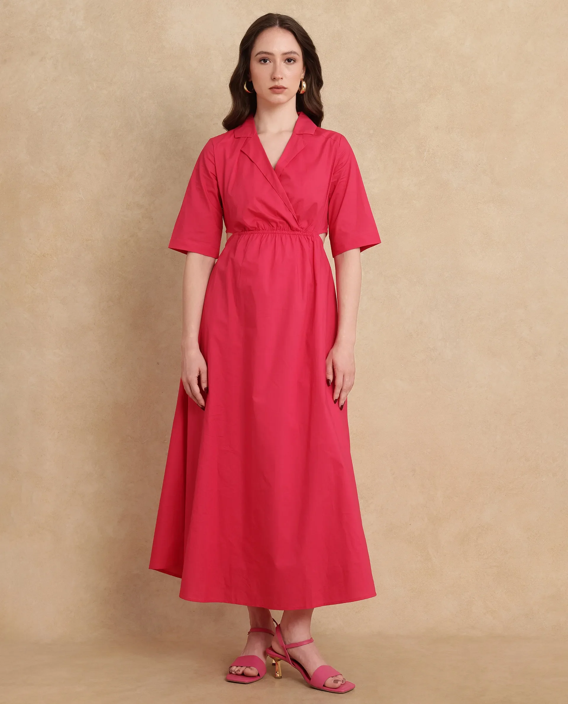 Rareism Women's Somrica Dark Pink Cotton Lapel Neck Plain Maxi A-Line Dress - Image 7
