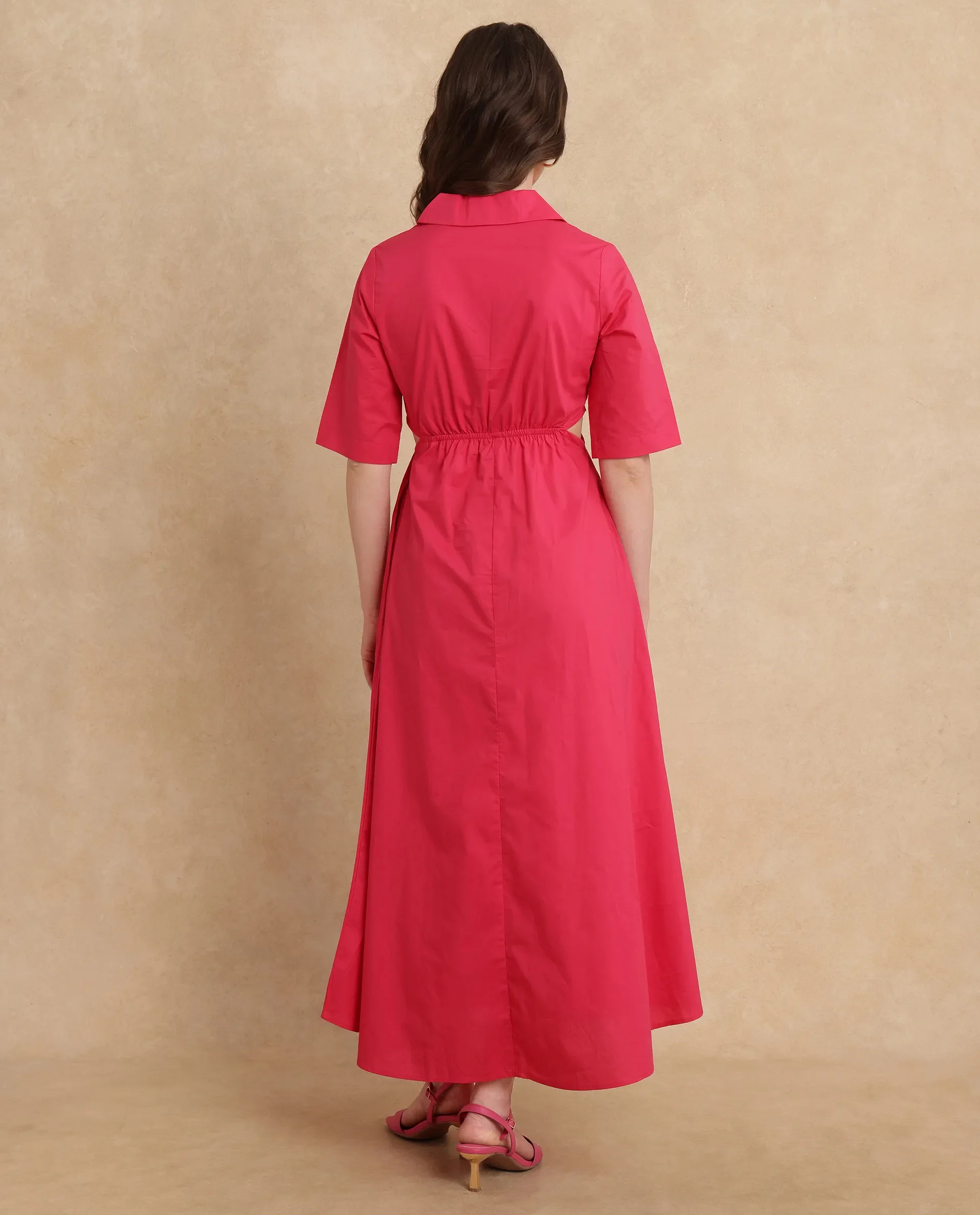 Rareism Women's Somrica Dark Pink Cotton Lapel Neck Plain Maxi A-Line Dress - Image 8